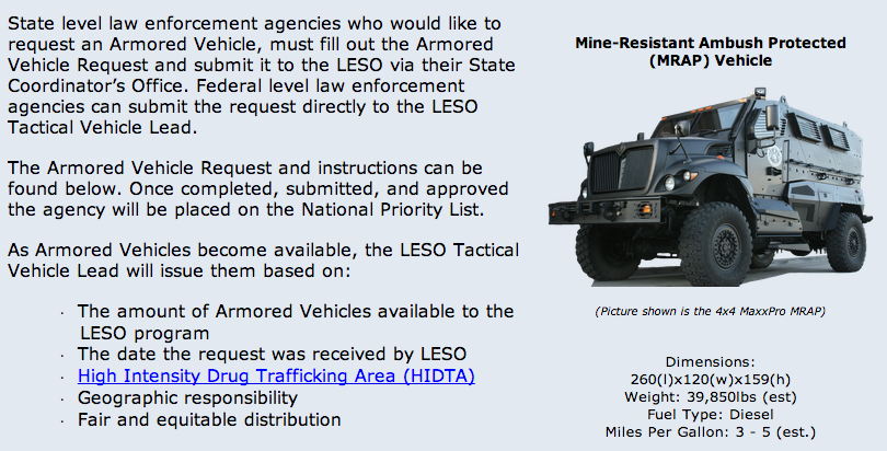 From a Pentagon website seeking to interest local law enforcement agencies in trading up to an MRAP. (DoD)