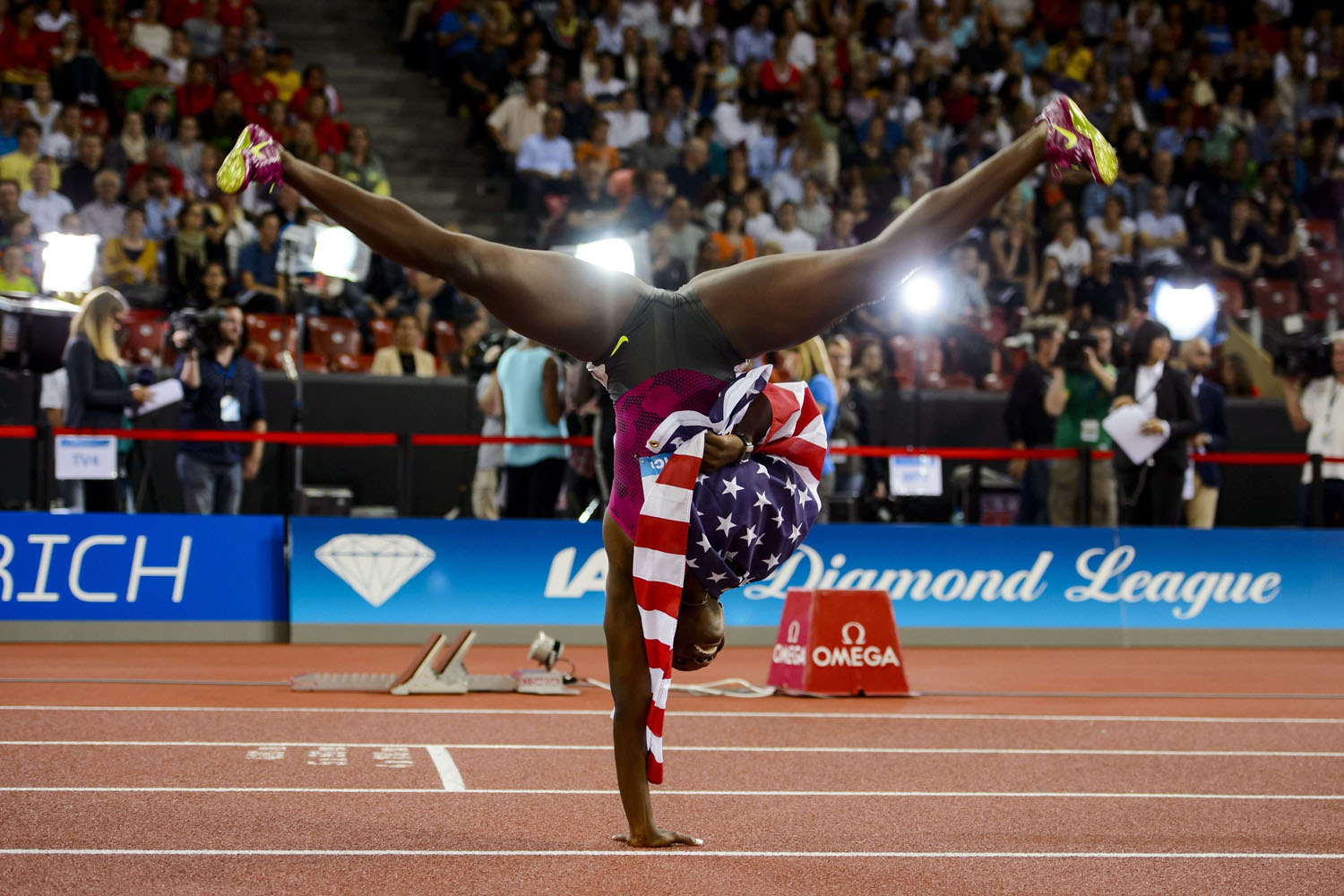 US athlete Dawn Harper-Nelson celebrates her victory during the women's 100m hurdles final at the Diamond League Athletics meeting in Zurich on August 28, 2014 .