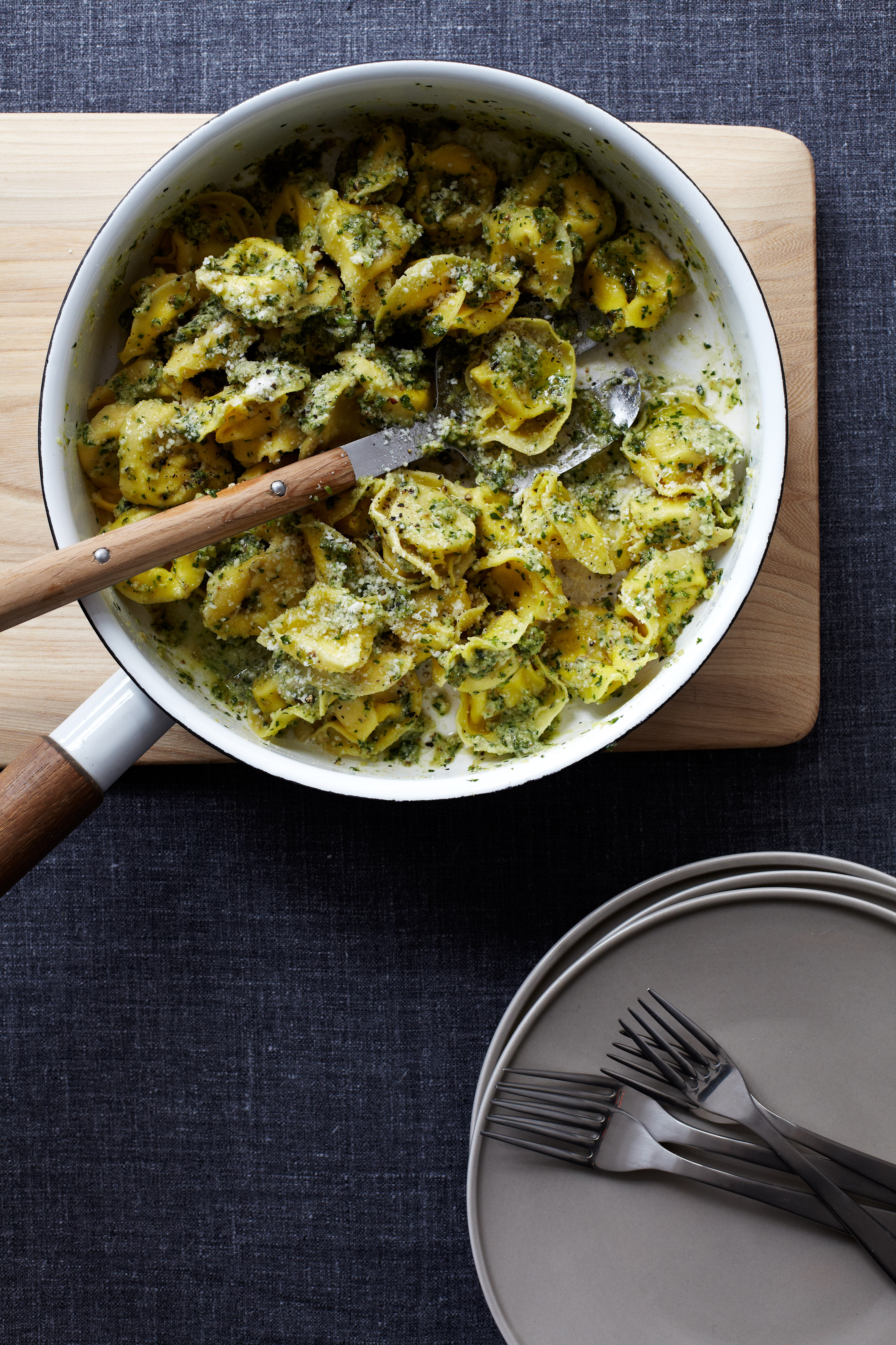 Cheese Tortellini with Walnut Pesto
                              Here's one of the quickest pesto sauces you'll come across. It's a perfect match for cheese tortellini, but you can use other tortellini such as mushroom or meat instead. The pesto is also great with just about any plain pasta.
                              Recipe