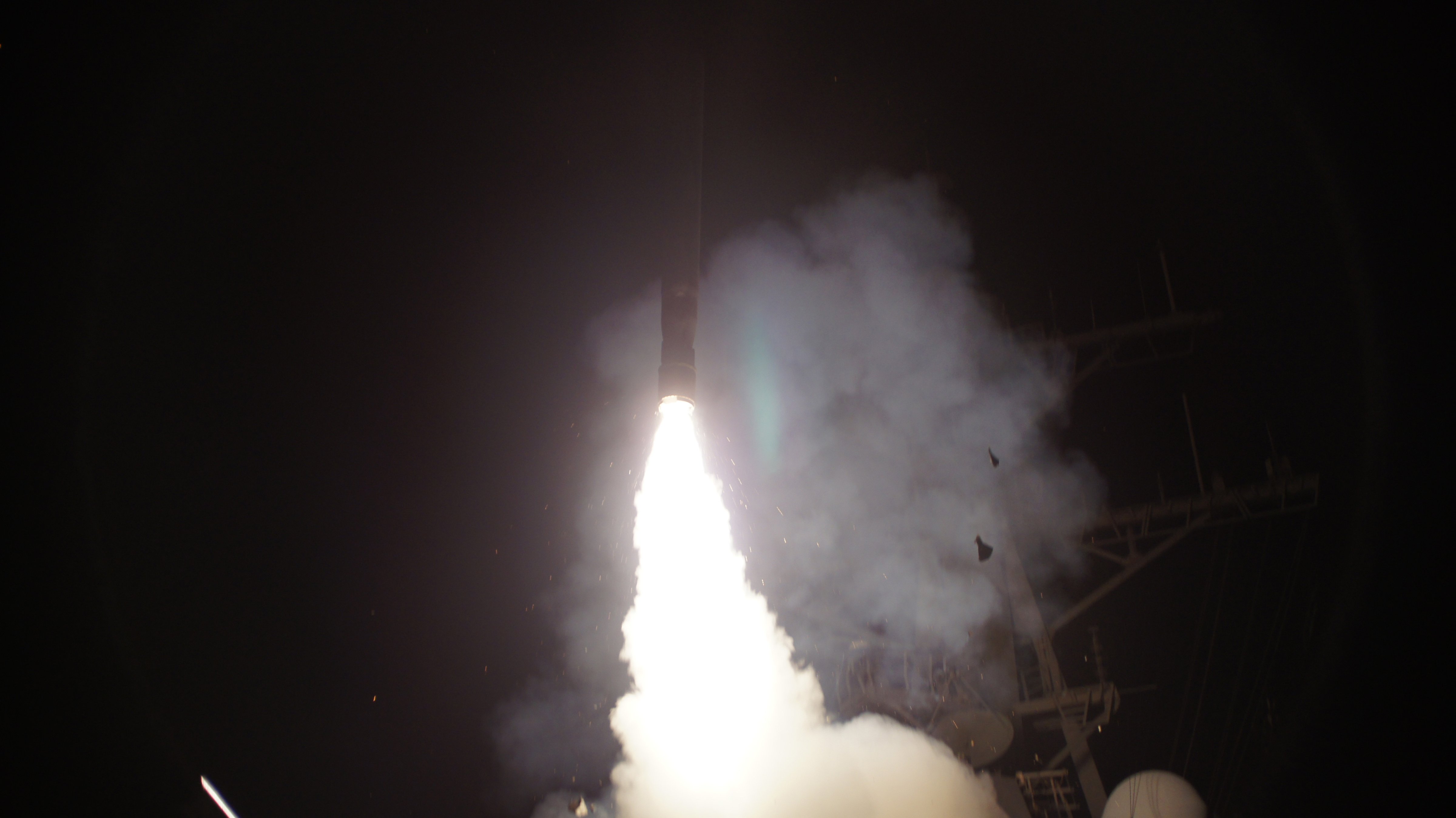 The U.S. attacked targets inside Syria early Tuesday with Tomahawk missiles like this one, shown being launched against Libya from a U.S. Navy warship in the Mediterranean Sea in 2011. (U.S. Navy / Getty Images)