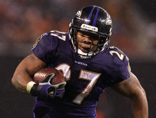 Running back Ray Rice #27 of the Baltimore Ravens runs the ball against the Cleveland Browns at Cleveland Browns Stadium on December 4, 2011 in Cleveland, Ohio. (Matt Sullivan—Getty Images)