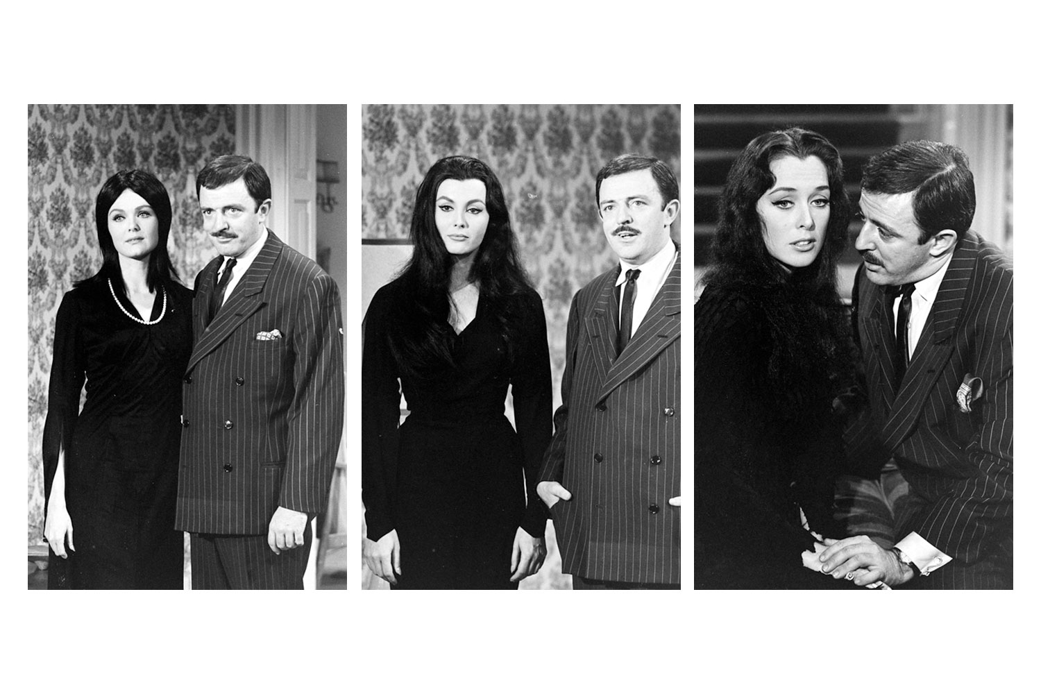 John Astin (Gomez) with various actresses auditioning for the role of Morticia Addams, 1964.