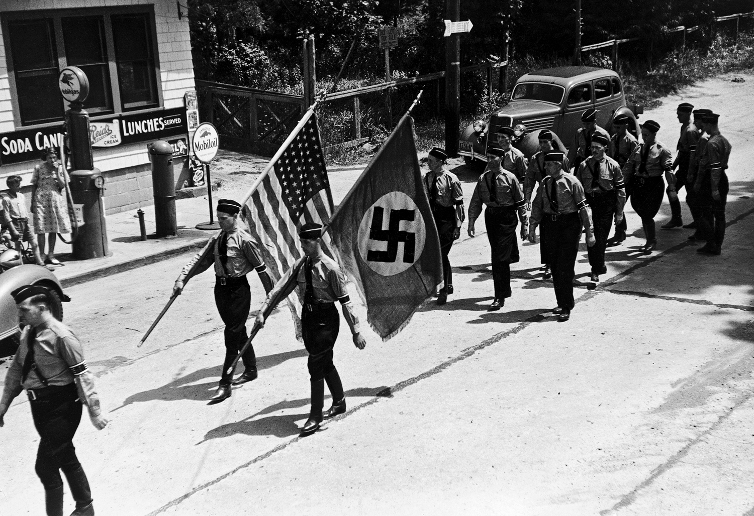 American Nazis march during an outing from nearby Camp Siegfried, Yaphank, N.Y., in 1937.