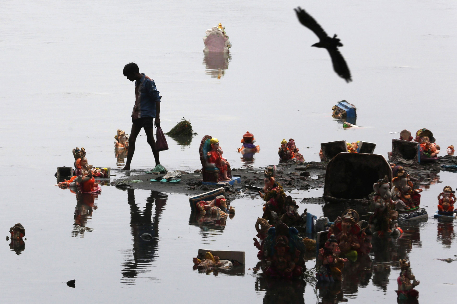 A boy collects items thrown by devotees as religious offerings next to idols of the Hindu elephant god Ganesh a day after they were immersed in the waters of the Sabarmati river in Ahmedabad