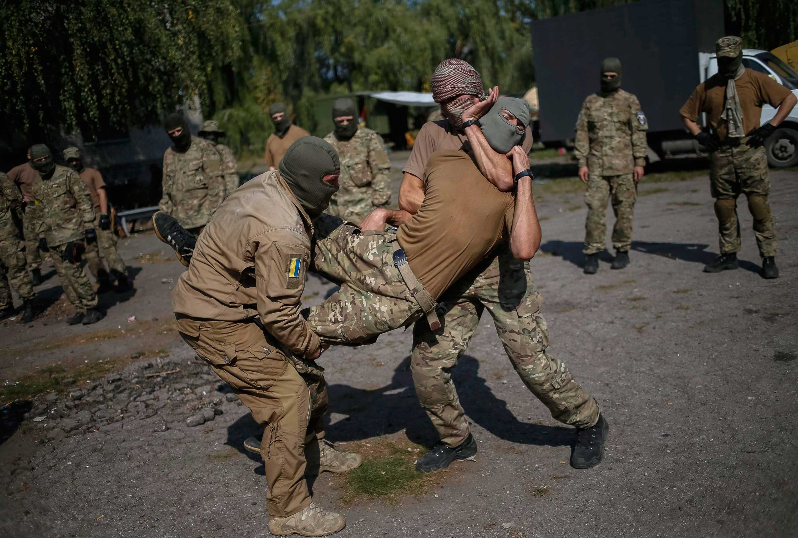 Sept. 15, 2014. Members of Ukrainian police special task force  Sich  take part in a drill at their base in Slaviansk, Ukraine.