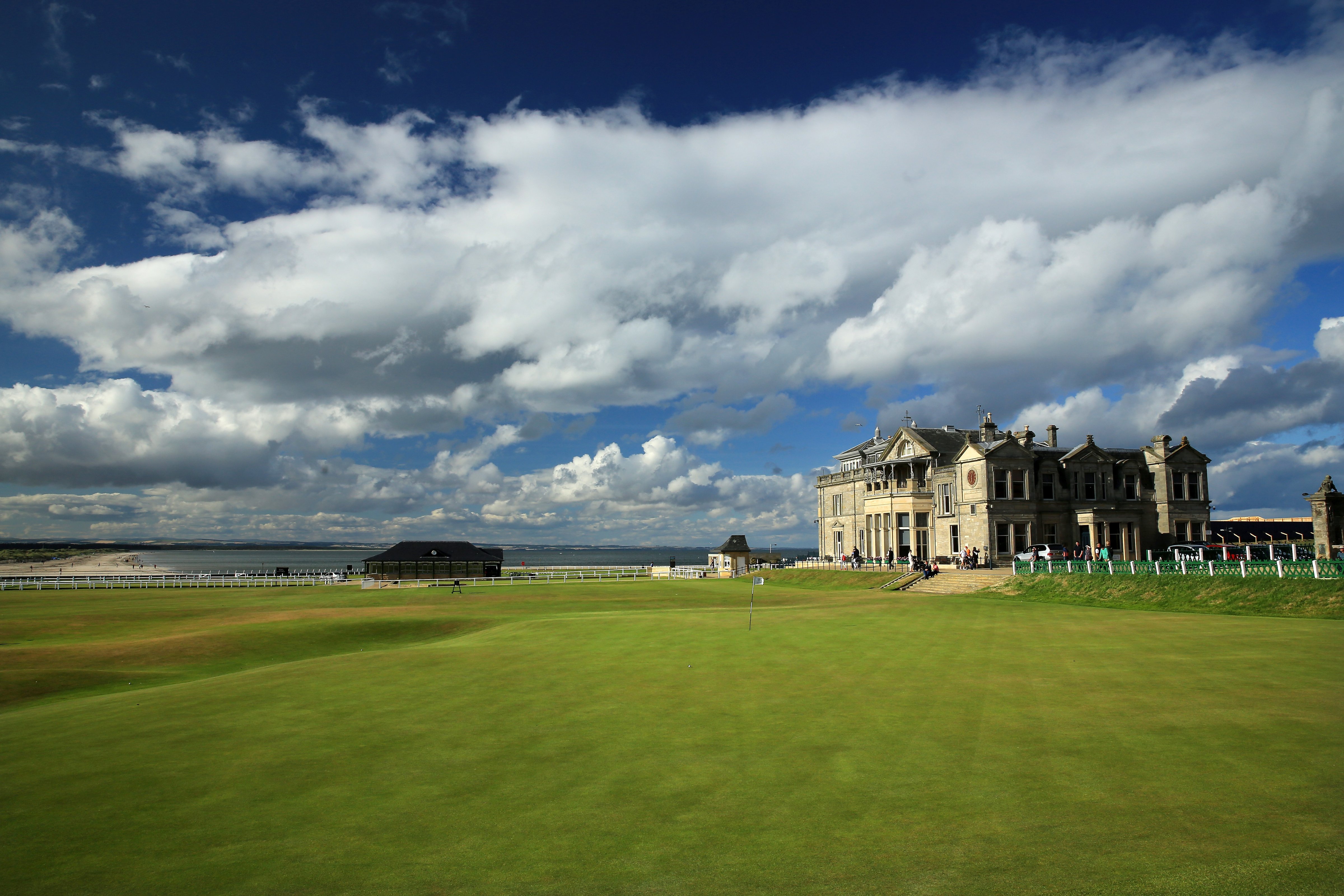 The clubhouse of the Royal and Ancient Golf Club of St Andrews, with the 18th green and the first tee on the Old Course at St Andrews venue for The Open Championship in 2015, on July 29, 2014 in St Andrews, Scotland (David Cannon—Getty Images)