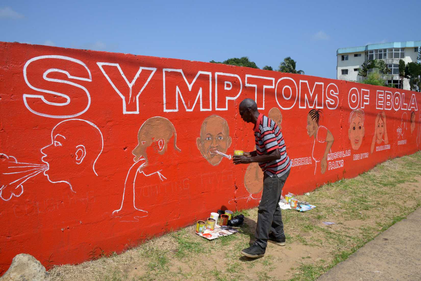 A street artist, Stephen Doe, paints an educational mural to inform people about the symptoms of the deadly Ebola virus in the Liberian capital, Monrovia, on Sept. 8, 2014 (Dominique Faget—AFP/Getty Images)
