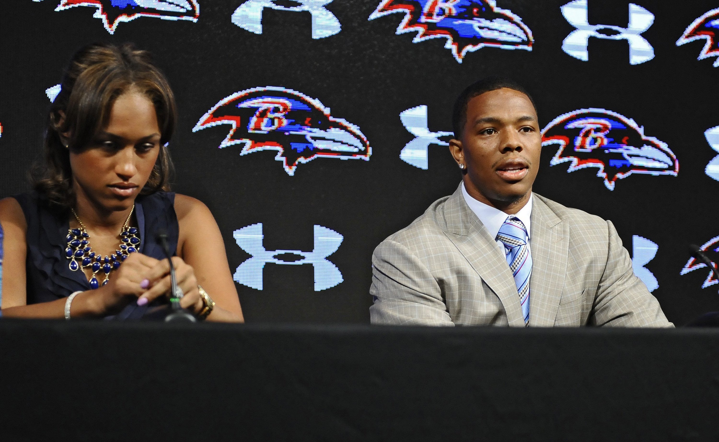 Ravens running back Ray Rice, right, and his wife Janay made statements to the news media regarding his assault charge for knocking her unconscious in a New Jersey casino, on May 5, 2014, at the Under Armour Performance Center in Owings Mills, Md. (Kenneth K. Lam—Baltimore Sun/MCT/Getty Images)