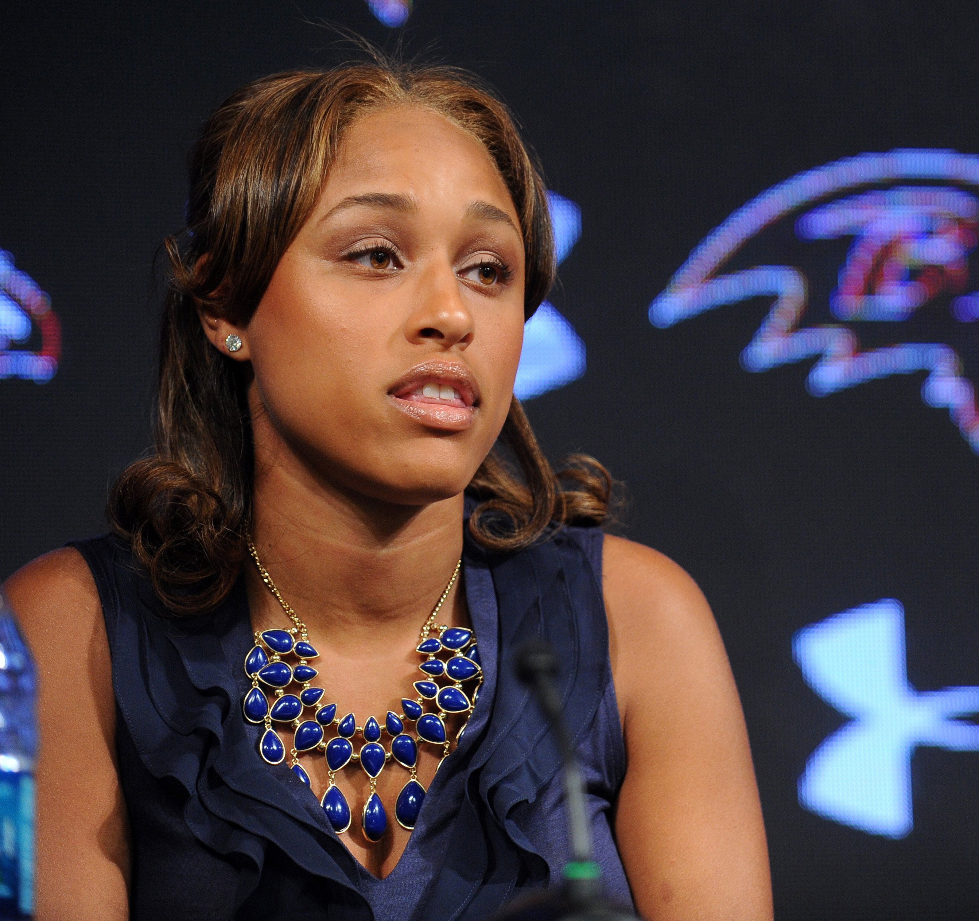 Janay Rice, wife of Ravens running back Ray Rice, made a statement to the news media May 5, 2014, at the Under Armour Performance Center in Owings Mills, Md, regarding his assault charge for knocking her unconscious in a New Jersey casino (Baltimore Sun—MCT via Getty Images)