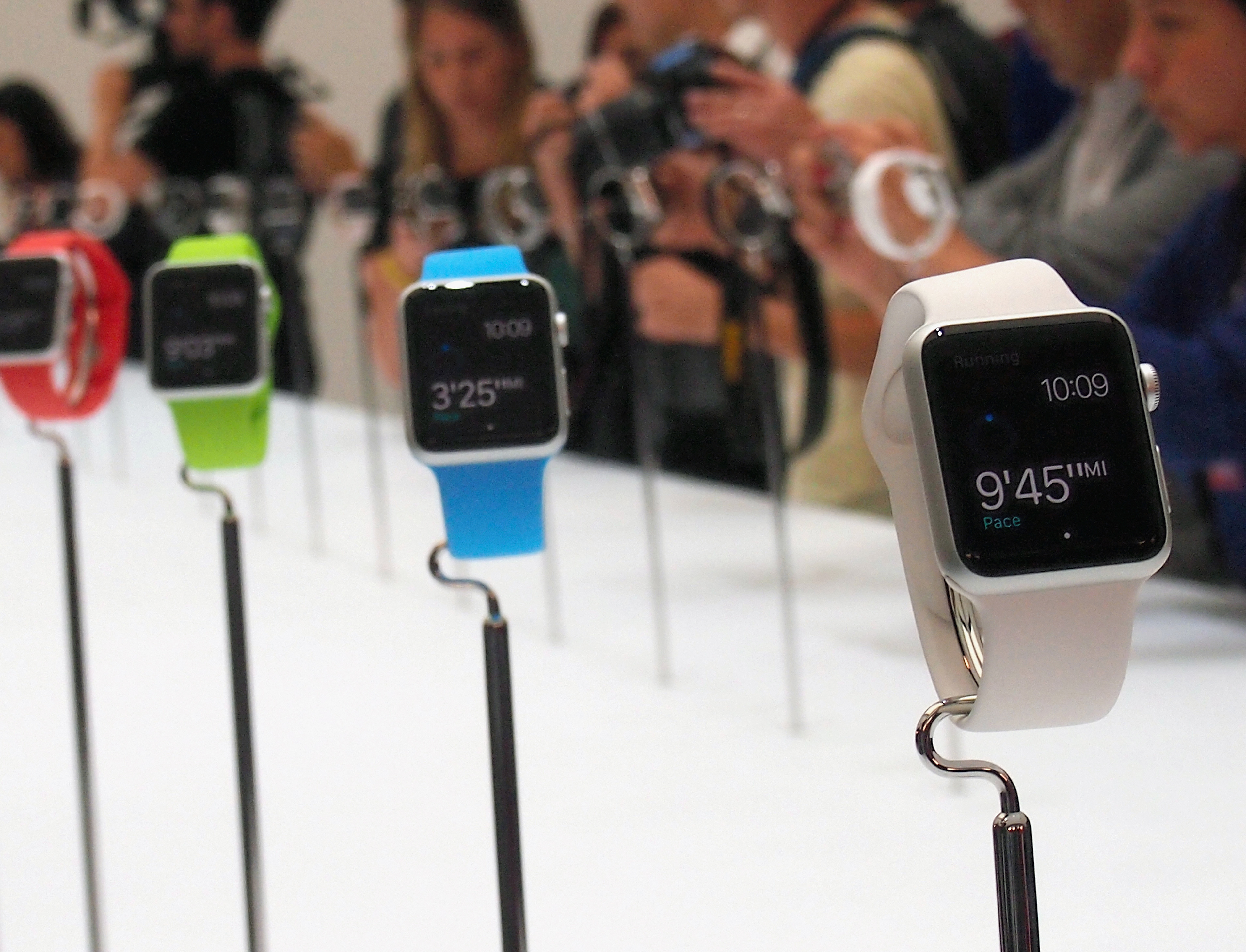 Apple Watch are displayed during an Apple special event at the Flint Center for the Performing Arts on September 9, 2014 in Cupertino, California. (The Asahi Shimbun&mdash;Getty Images)