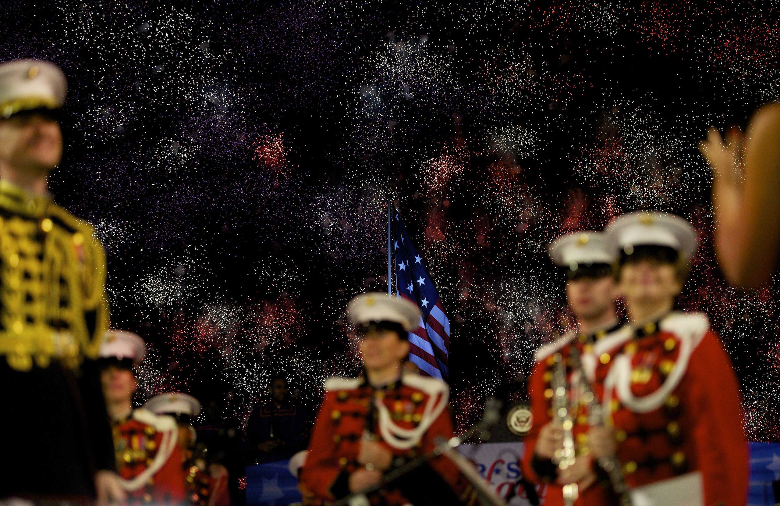 Sept. 13, 2014.  Members of the President's Own Marine Band stand during a fireworks display commemorating the bicentennial of the writing of The Star-Spangled Banner at Fort McHenry, Baltimore, Md.