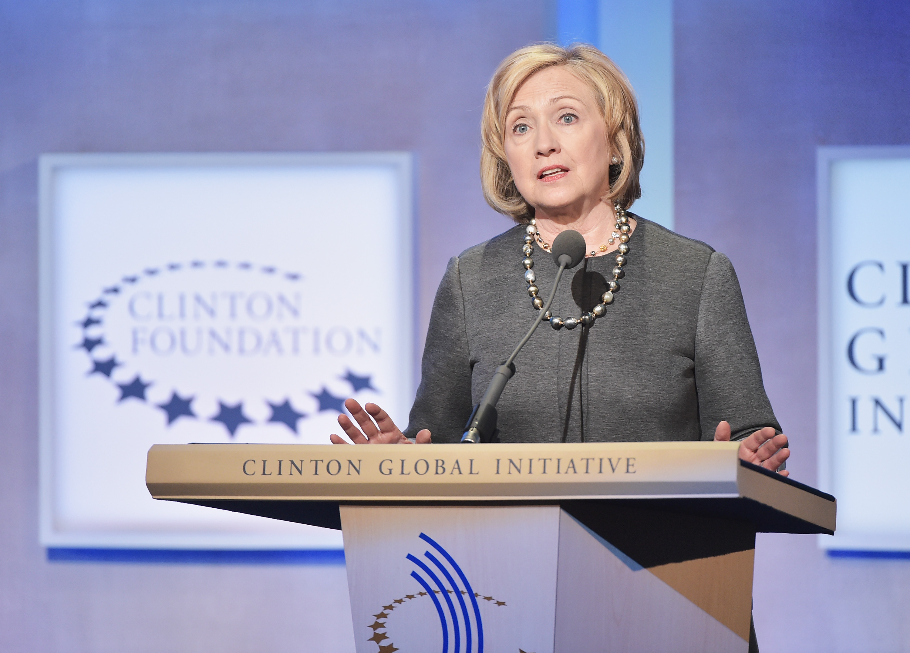 Former US Secretary of State Hillary Clinton  addresses the audience during the Opening Plenary Session: Reimagining Impact for the Clinton Global Initiative on September 22, 2014 at the Sheraton New York Hotel &amp; Towers in New York City. (Michael Loccisano&mdash;Getty Images)