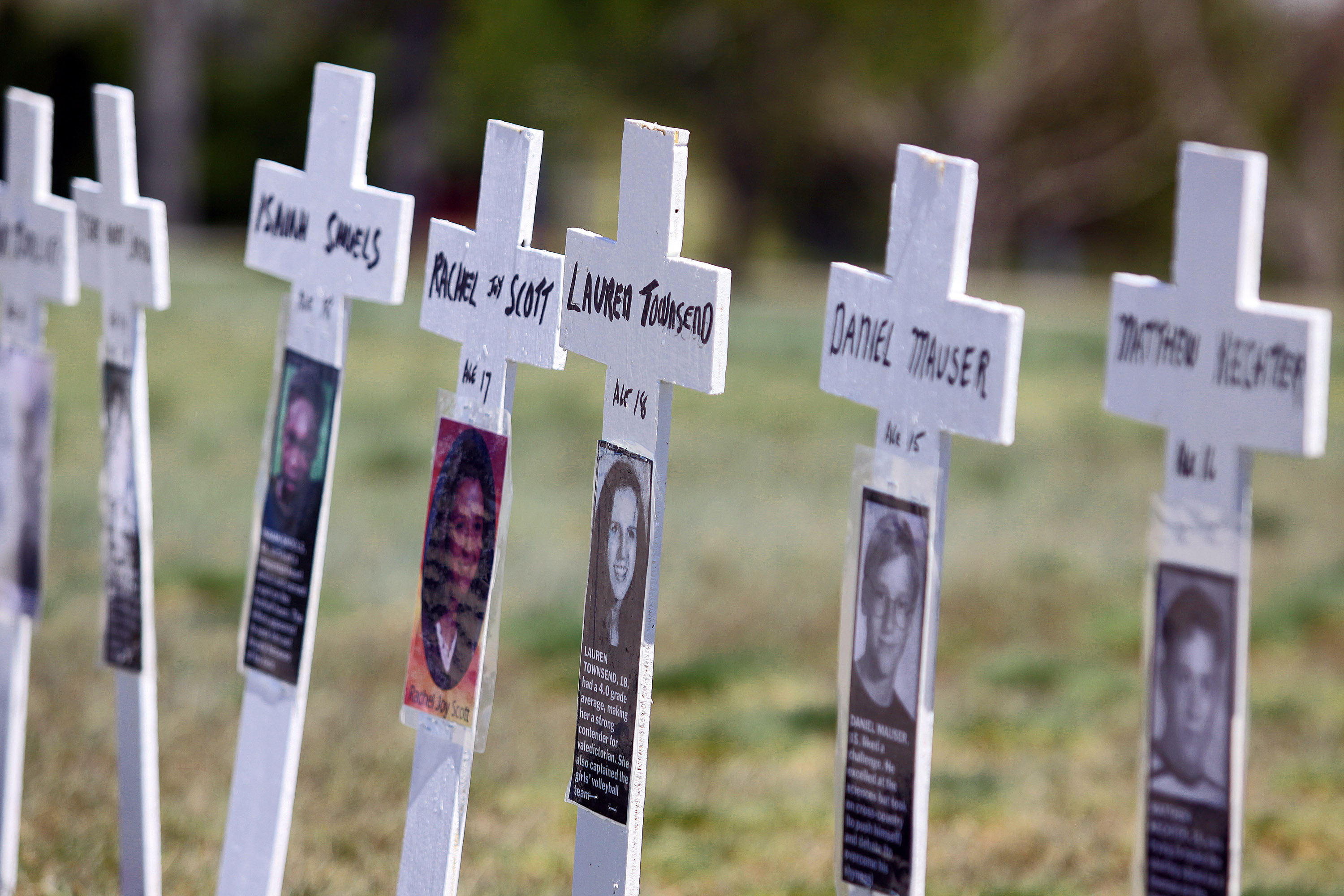Miniature crosses are displayed to commemorate the ten-year anniversary of the Columbine High School shootings at Clement Park April 20, 2009 in Littleton, Colorado. (Marc Piscotty—Getty Images)