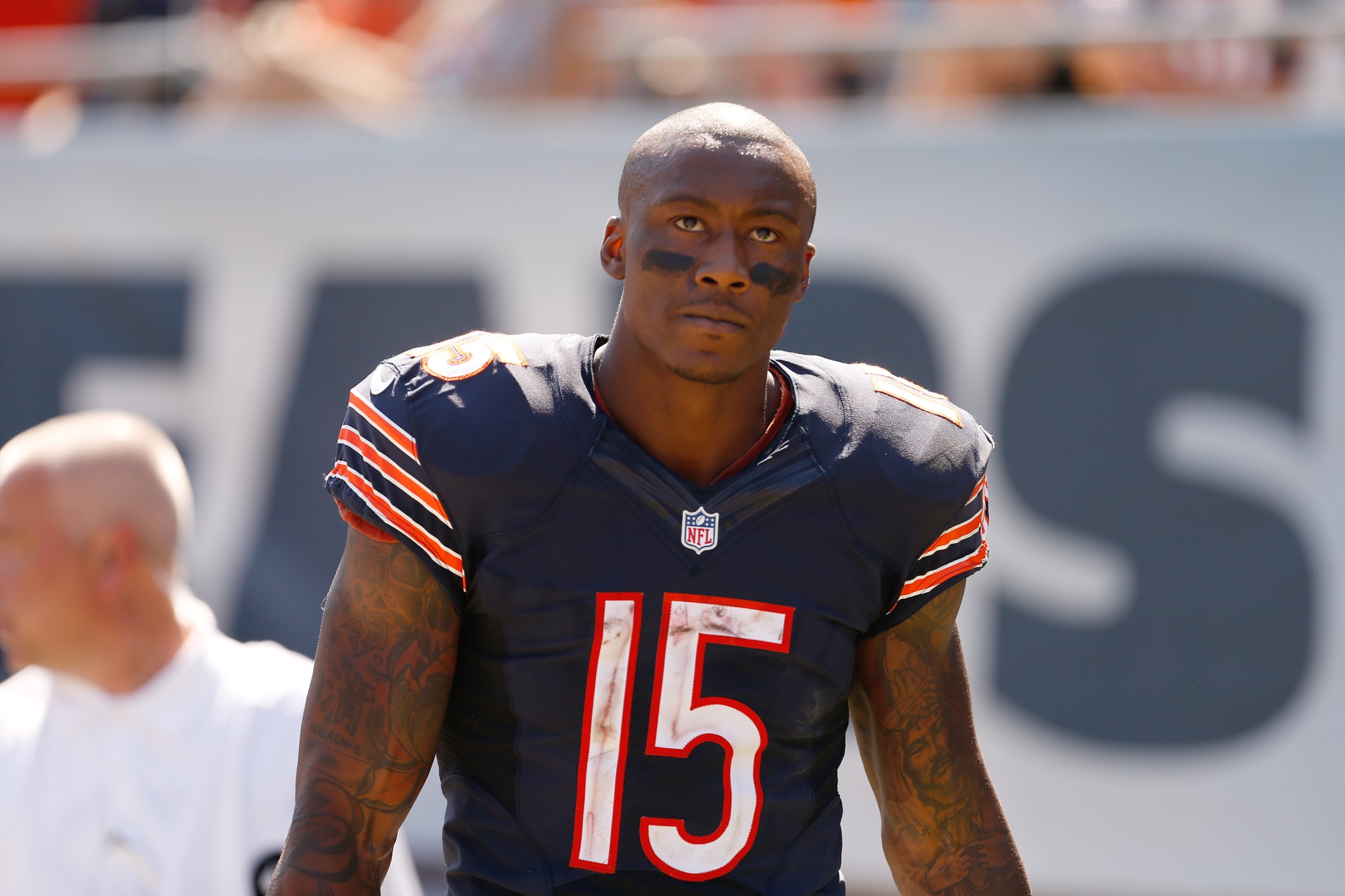 Chicago Bears wide receiver Brandon Marshall looks on from the sidelines during a game against the Buffalo Bills in Chicago on Sept. 7, 2014.