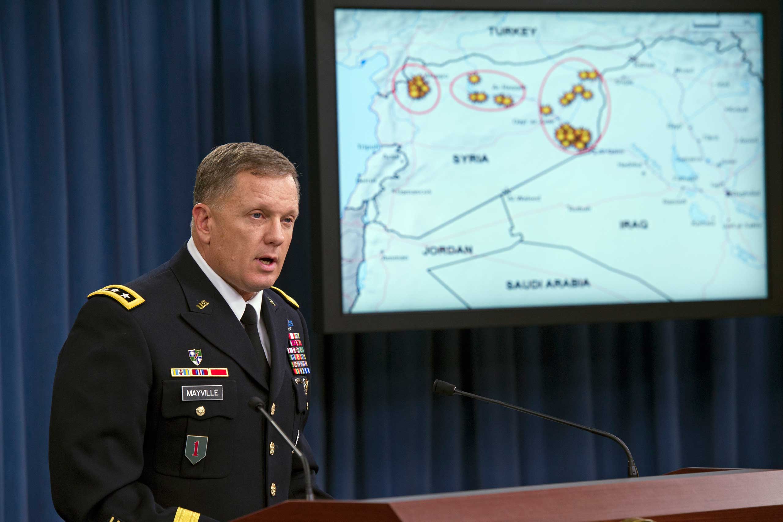 Army Lt. Gen. William Mayville, Jr., Director of Operations J3, speaks about the operations in Syria, Sept. 23, 2014, during a news conference at the Pentagon. (Cliff Owen—APe)