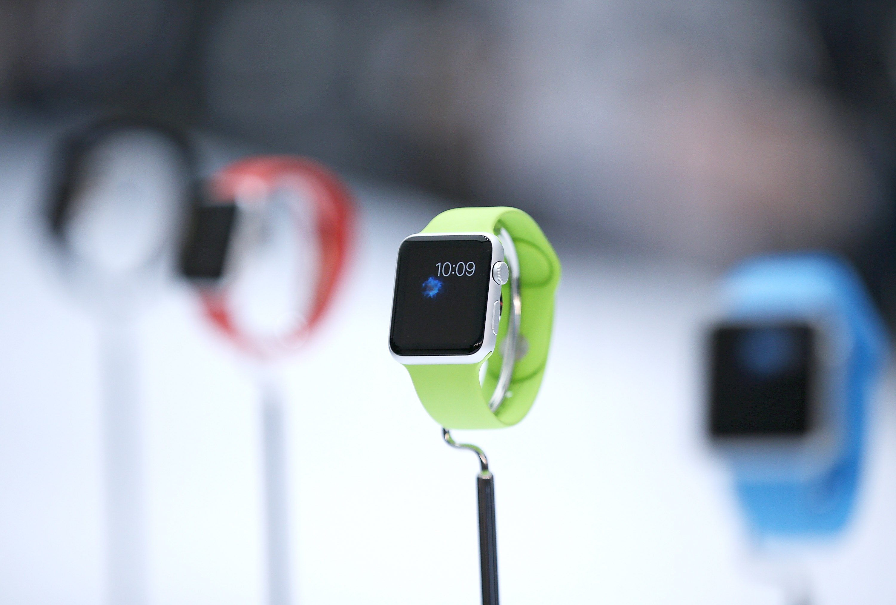 The new Apple Watch is displayed during an Apple special event at the Flint Center for the Performing Arts on Sept. 9, 2014 in Cupertino, Calif. 