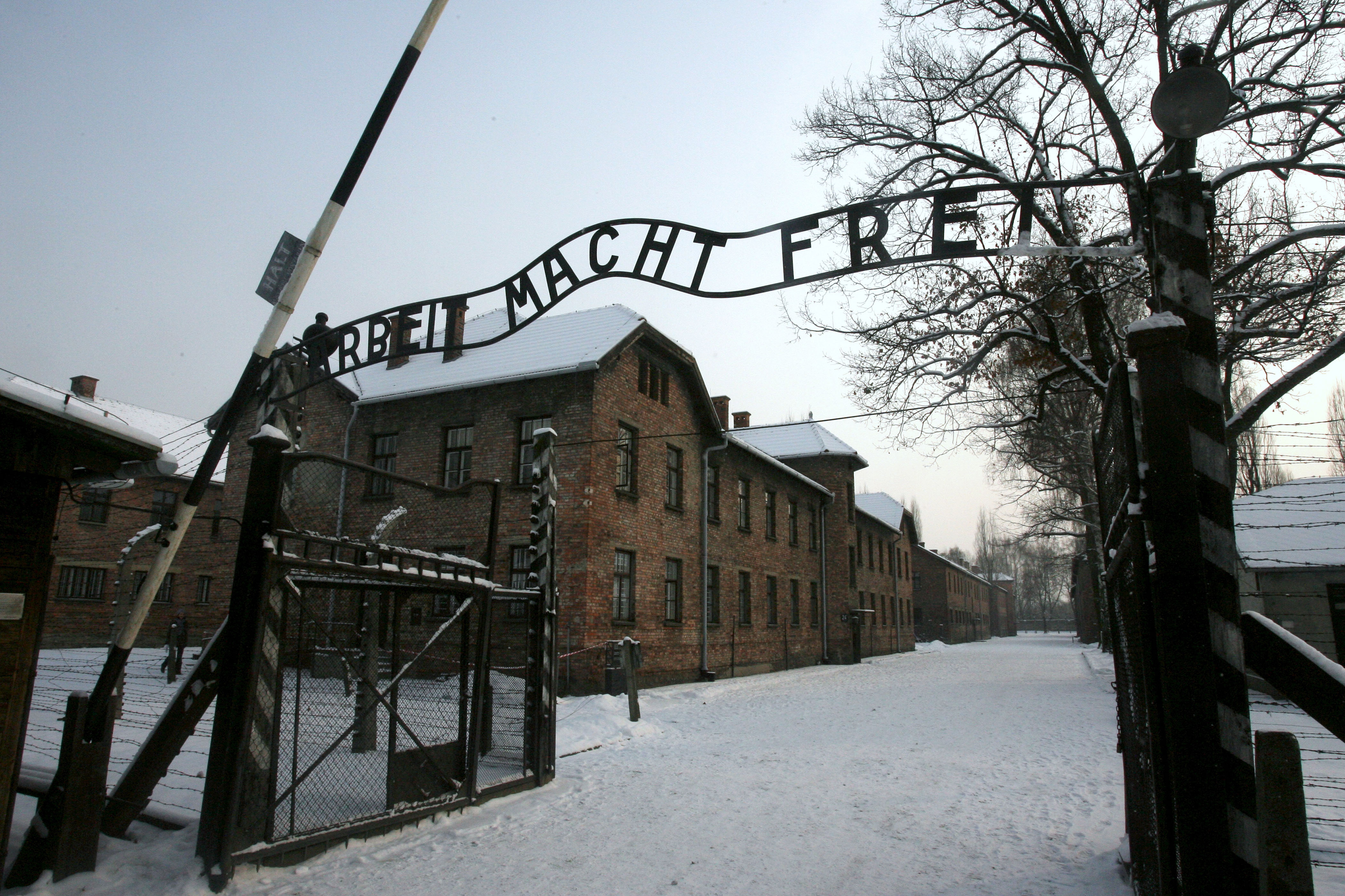 A replica hung in place of the stolen infamous "Arbeit macht frei" sign at the former Nazi death camp Auschwitz in Oswiecim, Poland on Dec. 18, 2009.