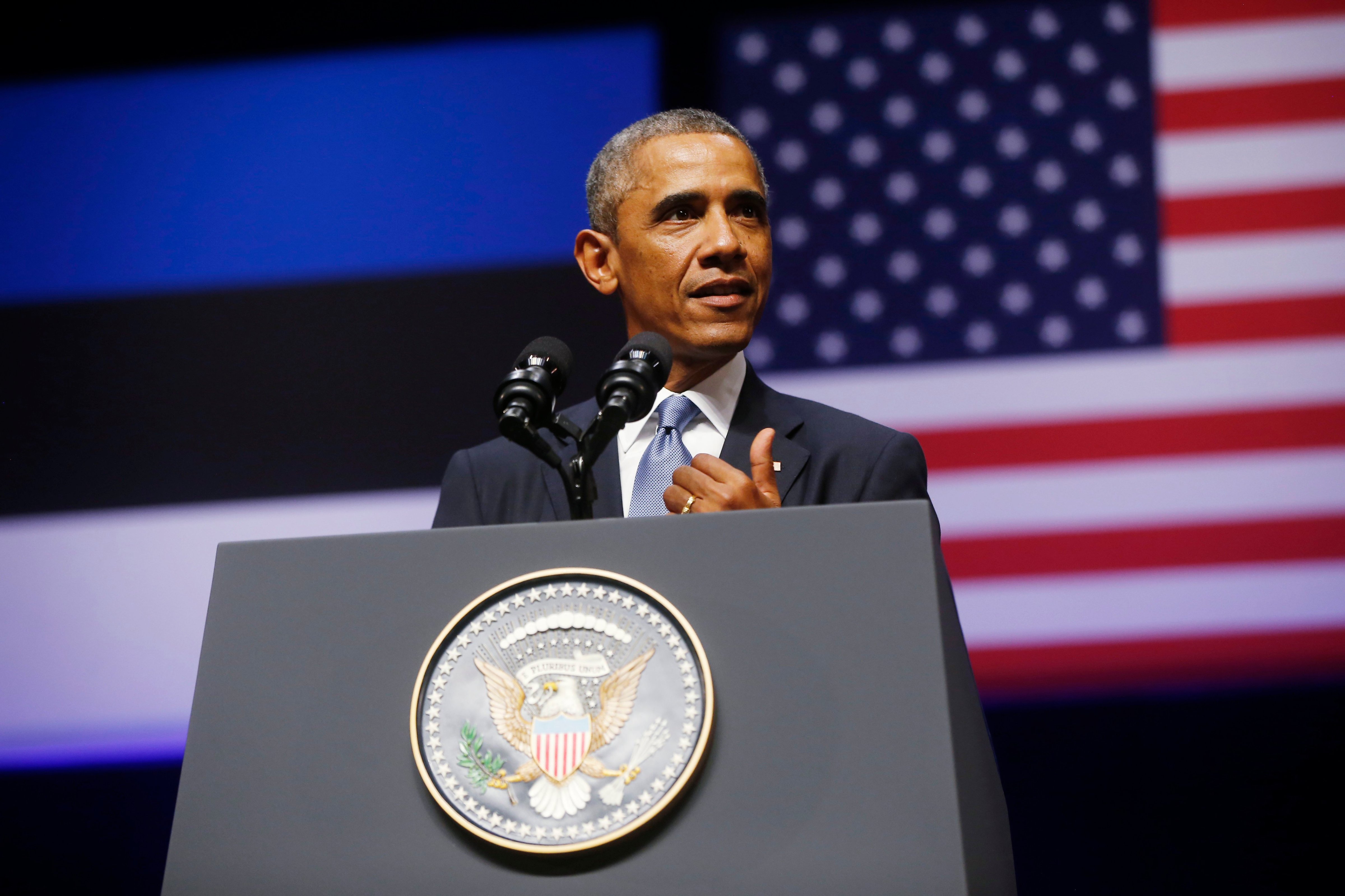 U.S. President Barack Obama speaks at Nordea Concert Hall in Tallinn, Estonia on Sept. 3, 2014. (Charles Dharapak—AP)
