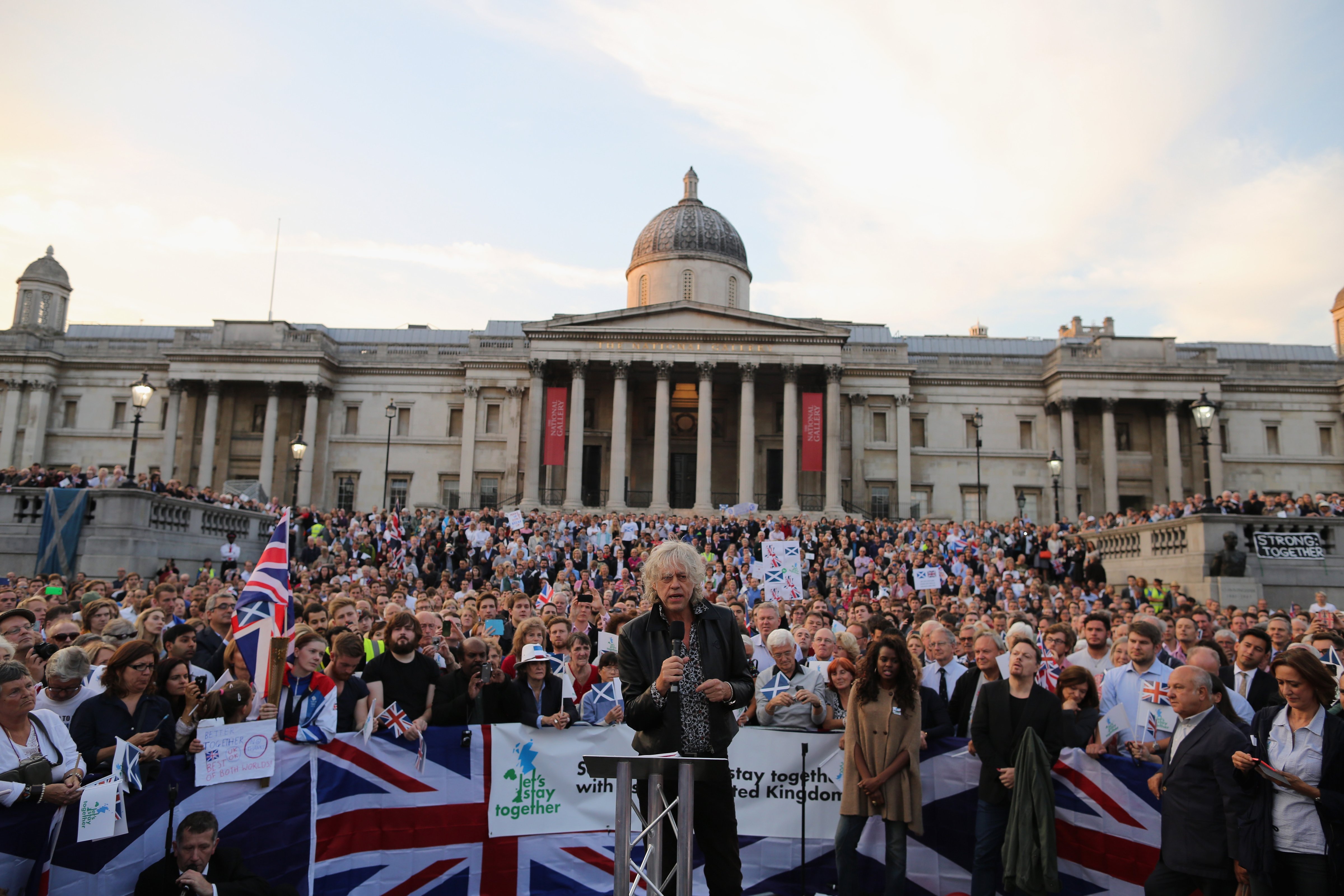 Musician Bob Geldof speaks to members of the public and supporters of the Better Together campaign at Trafalgar Square in London on Sept. 15, 2014 (Dan Kitwood—Getty Images)