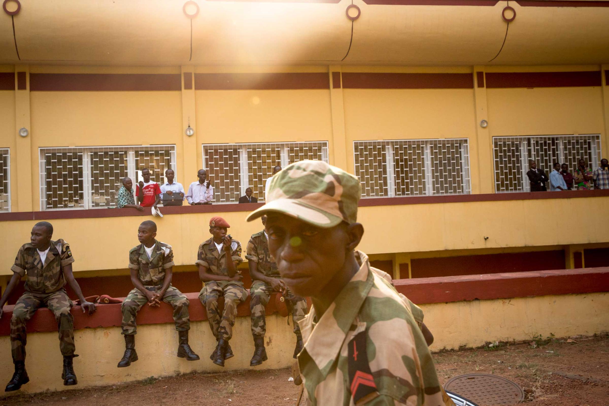 Jan. 24, 2014: Soldiers of Central African Republic's armed forces gather during the inauguration of interim President Catherine Samba-Panza, in Bangui.