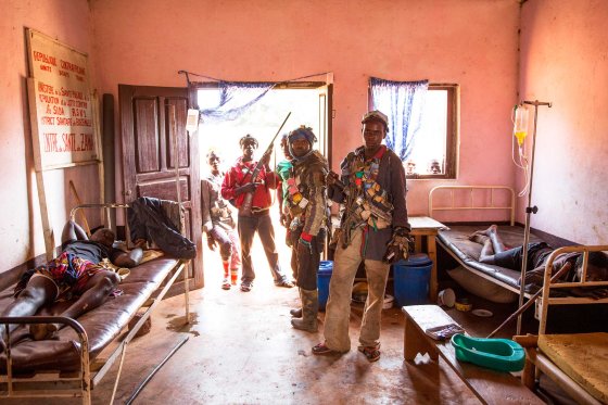 Jan 25. 2014: Anti-balaka in the medical center in Zawa, where some of their wounded comrades were being treated after fighting Séléka‎ fighters.