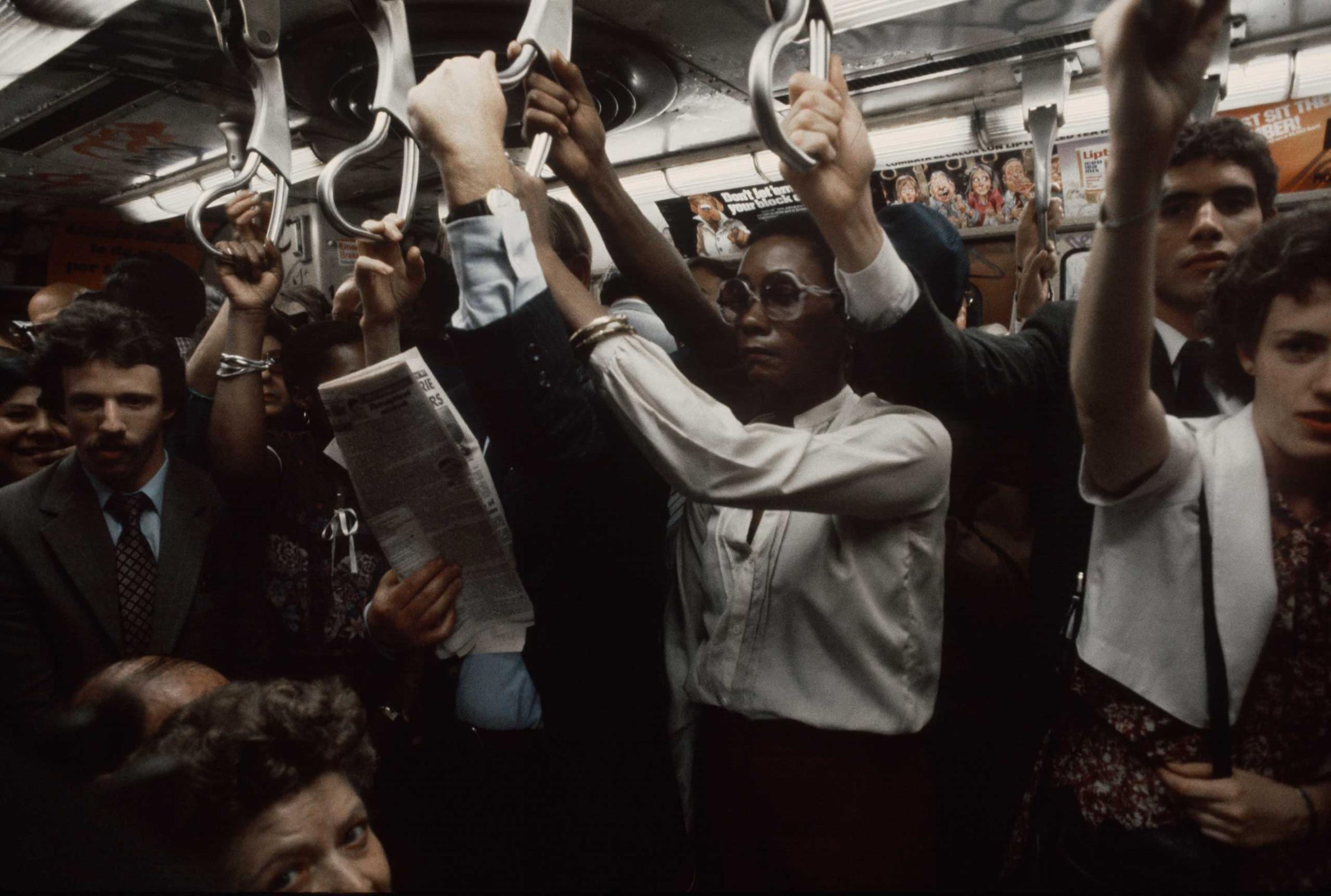 A packed subway car during rush hour, 1981.
