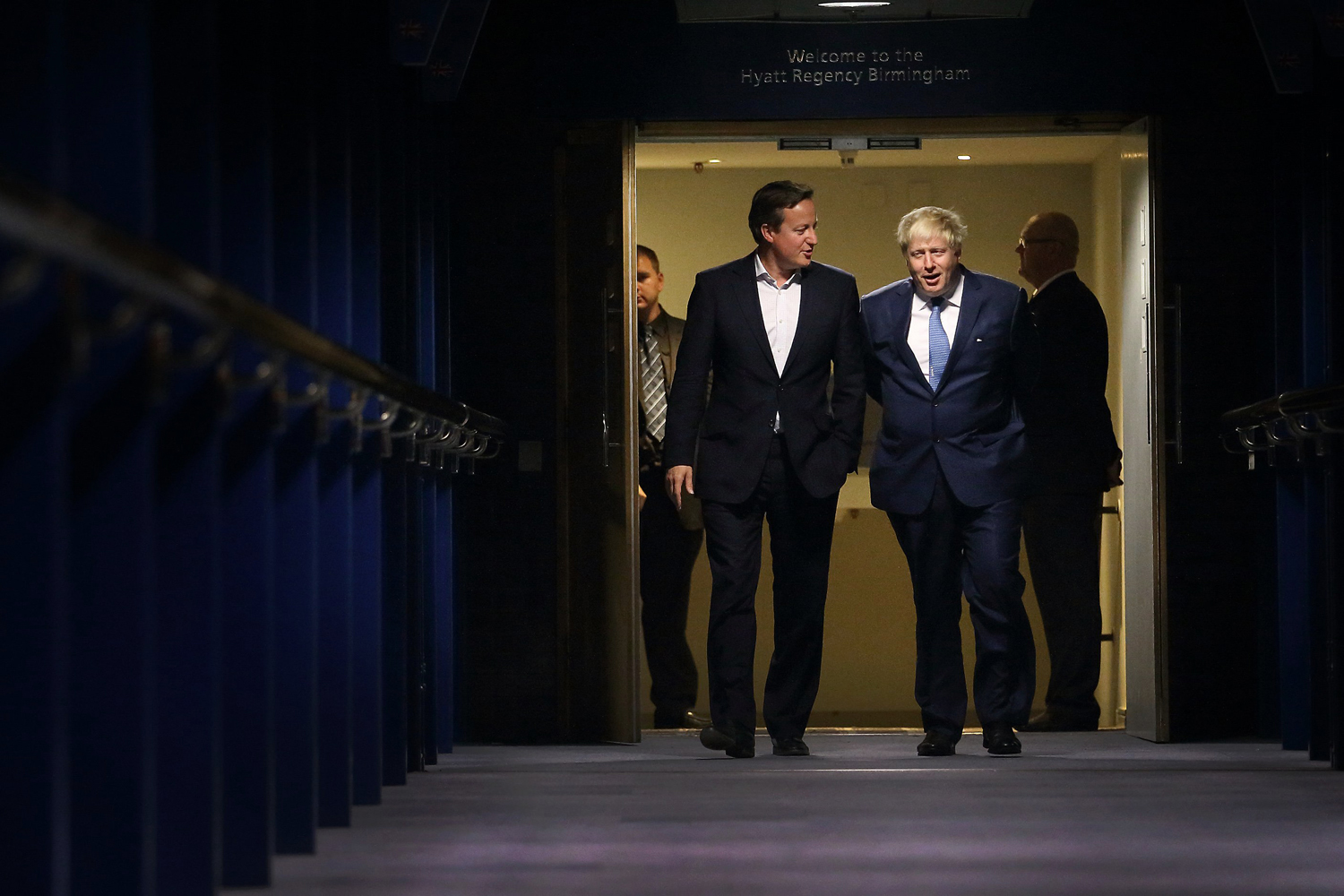 Prime Minister David Cameron walks with Mayor of London and Parliamentary candidate Boris Johnson at the Conservative party conference on Sept. 29, 2014 in Birmingham, England. (Peter Macdiarmid—Getty Images)