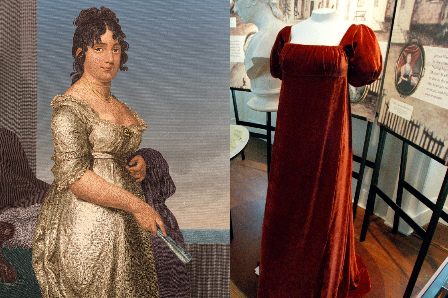 Left: A portrait of Dolly Madison, circa 1800; right: Dolly Madison's famous red dress on display at the home on James Madison in Montpelier, Va.