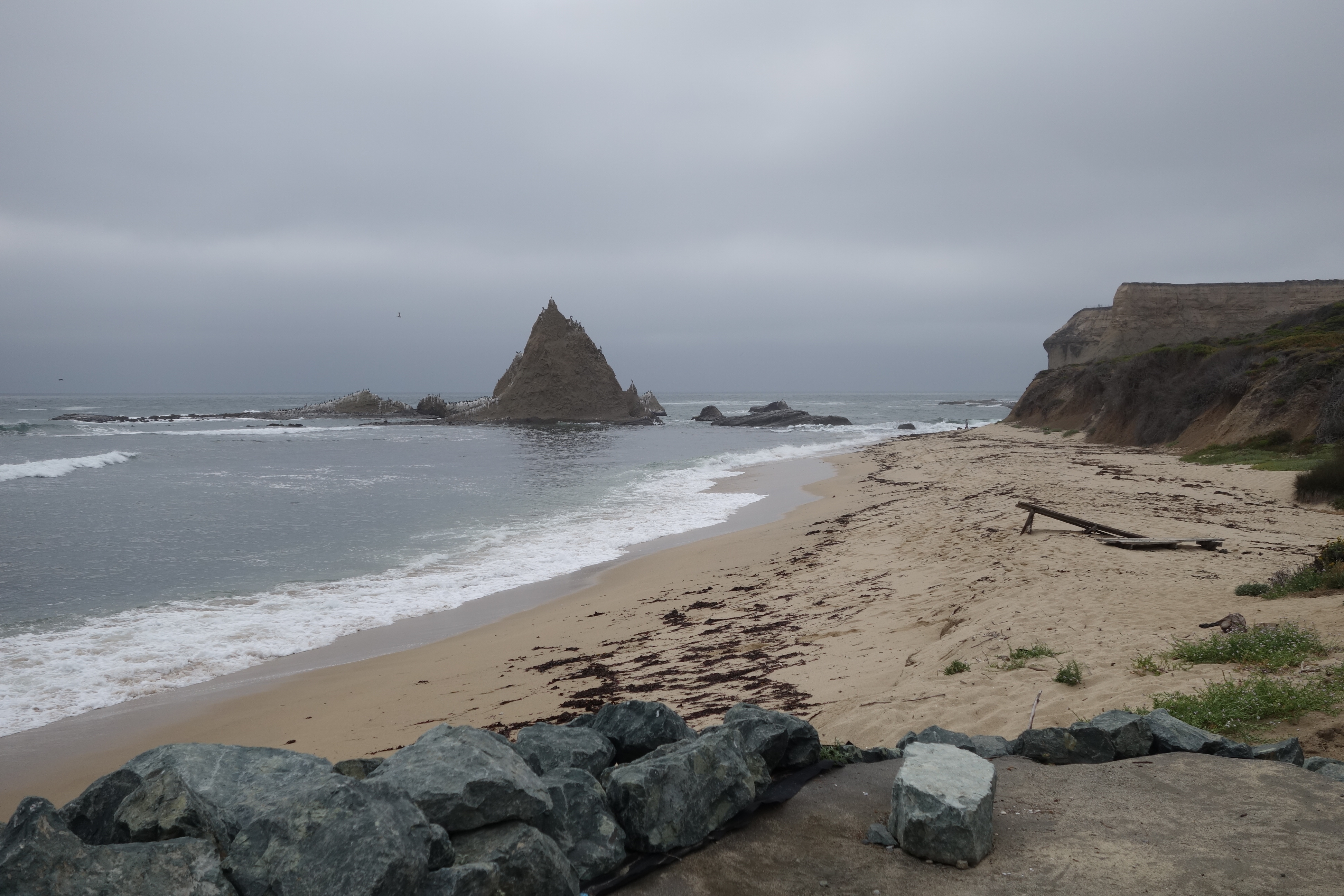 The view of Martins Beach from the bottom of Martins Beach Road includes a rock formation known as the "shark's tooth." (Katy Steinmetz for TIME)