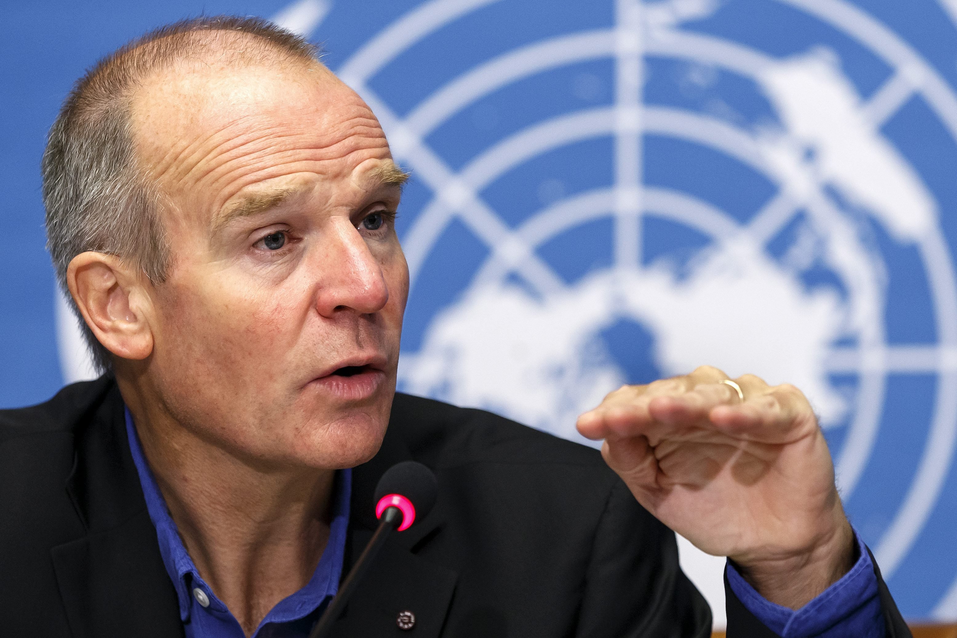 Christopher Dye, Director of Strategy of the World Health Organization speaks to the media about Ebola Virus Disease in West Africa, during a press conference, at the European headquarters of the United Nations in Geneva on Sept. 22, 2-14.  