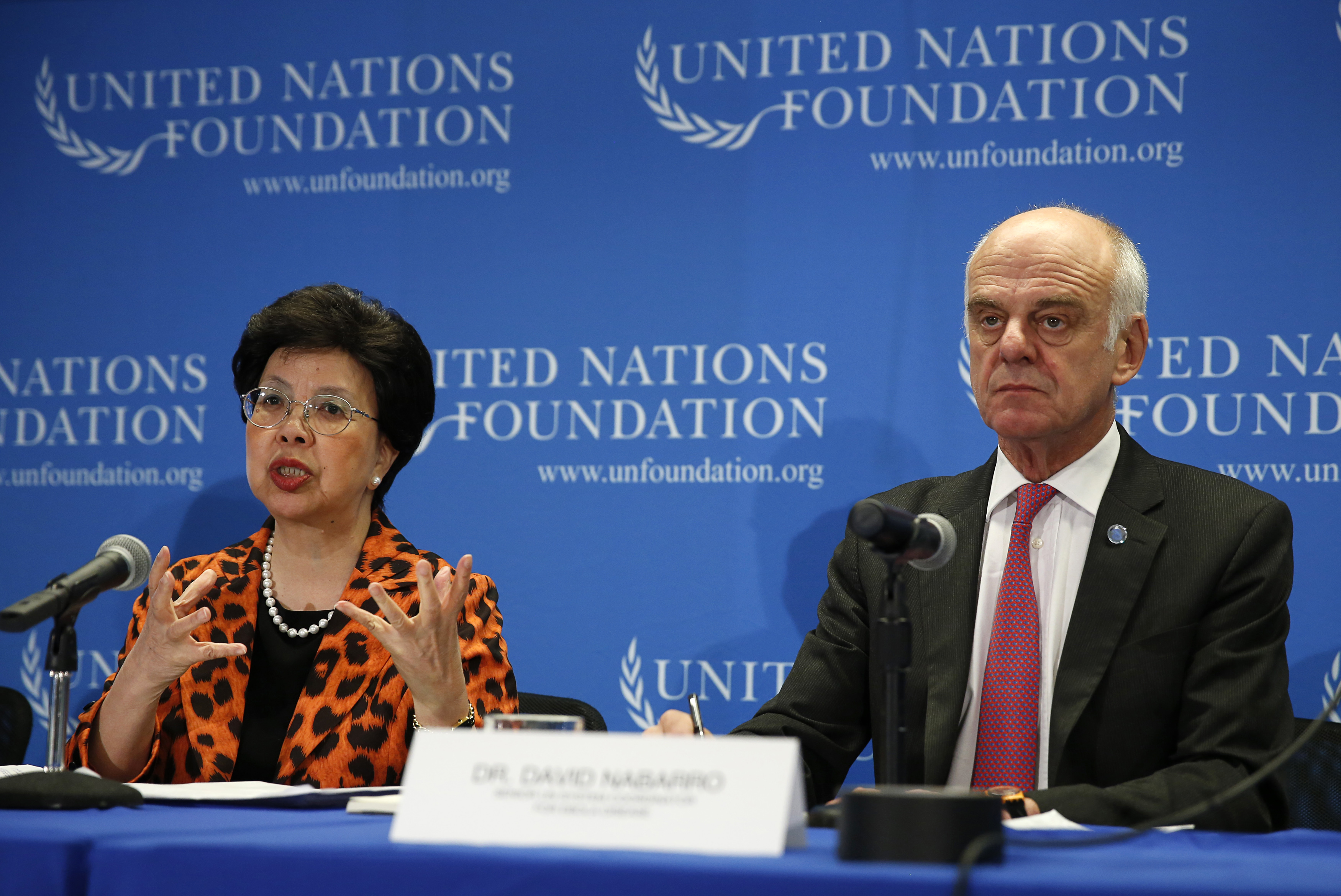 World Health Organization (WHO) Director-General Dr. Margaret Chan (L) and Senior United Nations System Coordinator for Ebola Virus Disease Dr. David Nabarro appear at a briefing to discuss the Ebola outbreak in West Africa at the UN Foundation in Washington on September 3, 2014. (Gary Cameron—Reuters)