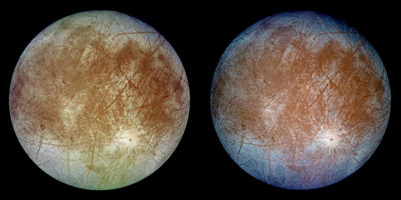 Look familiar? Europa (in natural color, left, and enhanced-contrast color, right) is more like Earth than we ever knew.