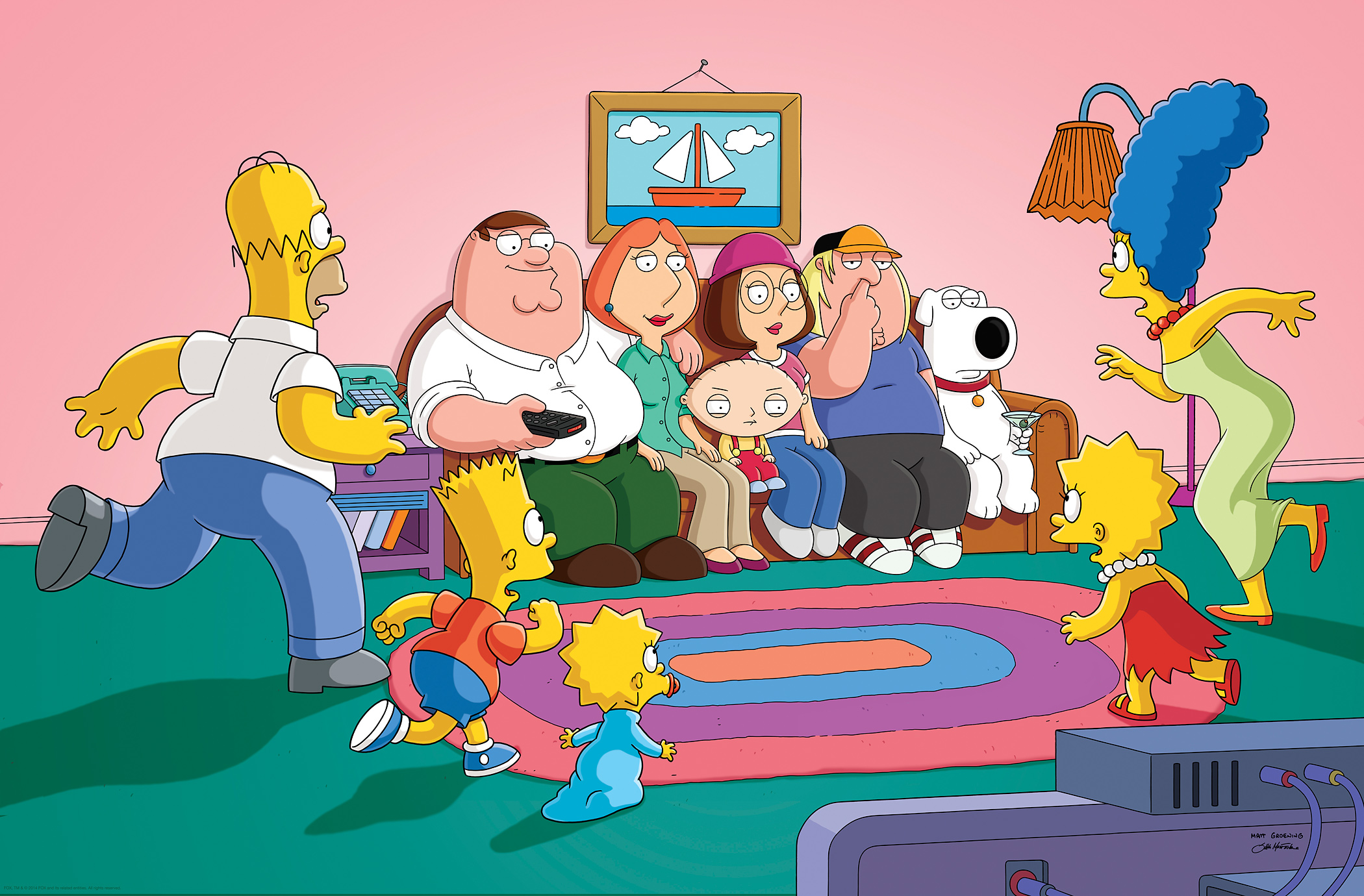 FAMILY GUY: The Griffin family drops in for a visit with the Simpson family in the special one-hour “The Simpsons Guy” season premiere crossover event (9:00-10:00 PM ET/PT) on FAMILY GUY on FOX.  FAMILY GUY and THE SIMPSONS 2014 ™ and © TCFFC ALL RIGHTS RESERVED.