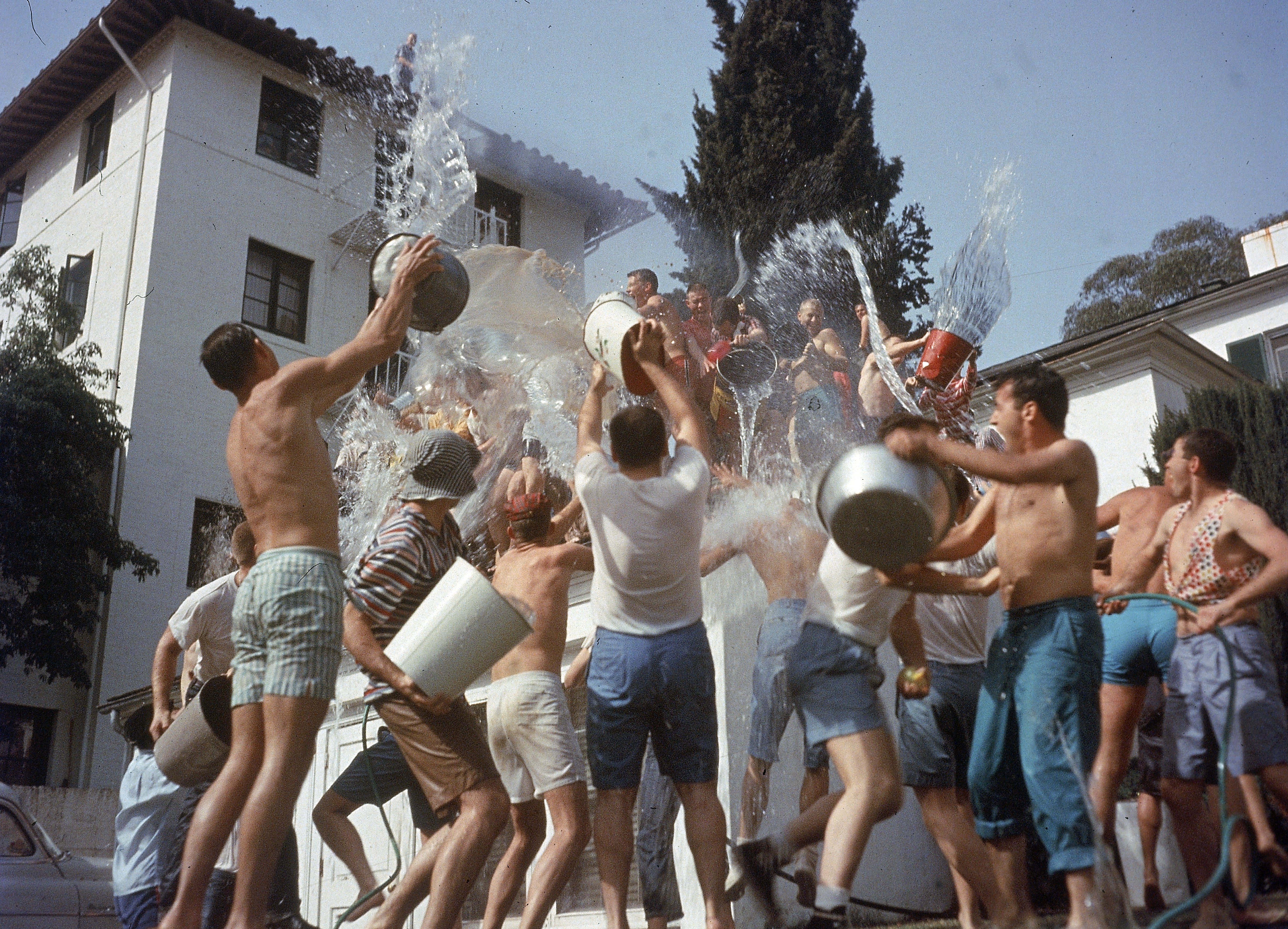 The Sigma Pi and Phi Kappa Sigma fraternities have a waterfight on the UCLA campus in Los Angeles. (Gene Lester—Getty Images)
