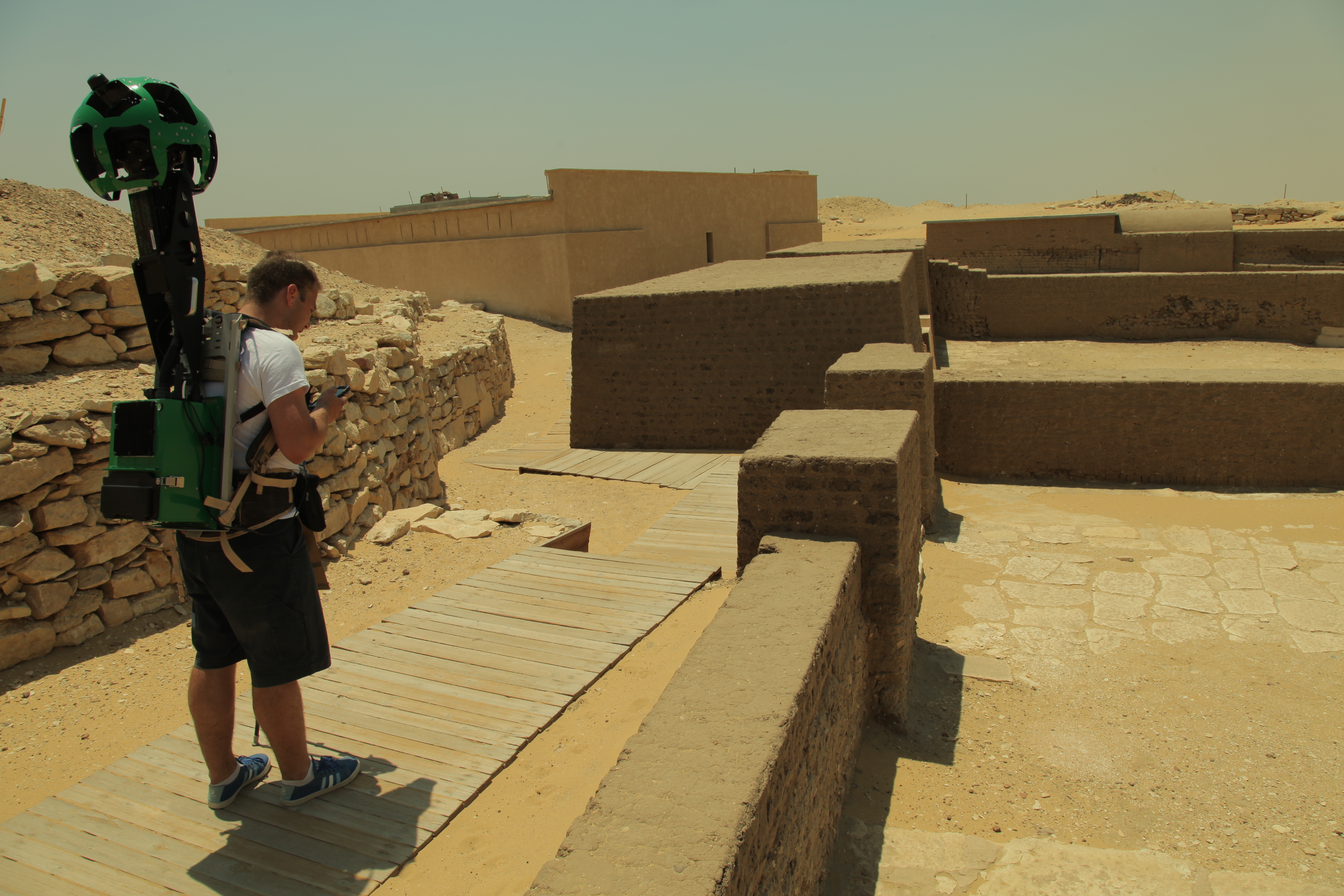 A Street View operations team member wearing a Trekker in Saqqara, Egypt. (Google)