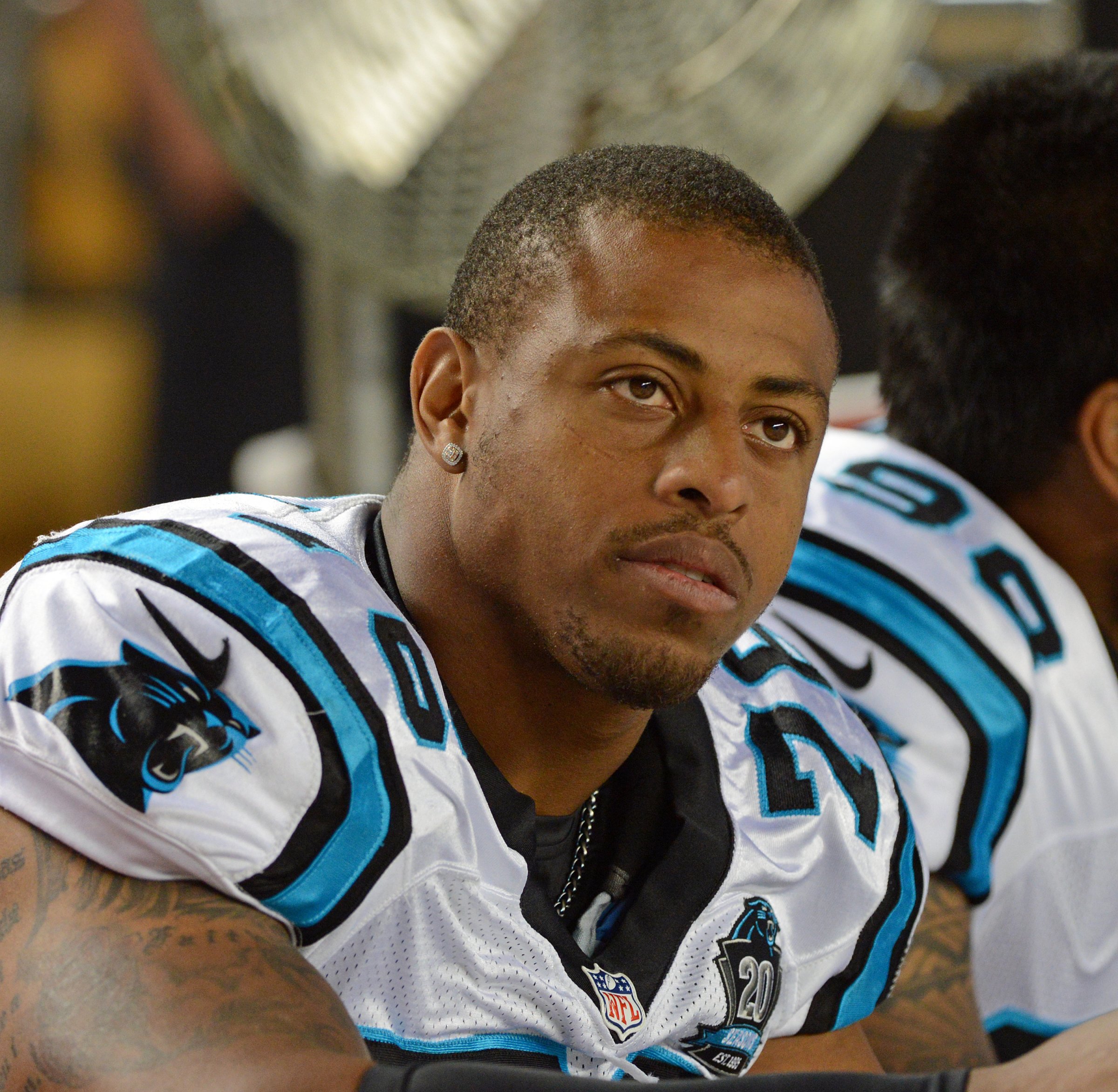 Defensive lineman Greg Hardy of the Carolina Panthers looks on from the sideline during a preseason game against the Pittsburgh Steelers at Heinz Field on Aug. 28, 2014 in Pittsburgh.