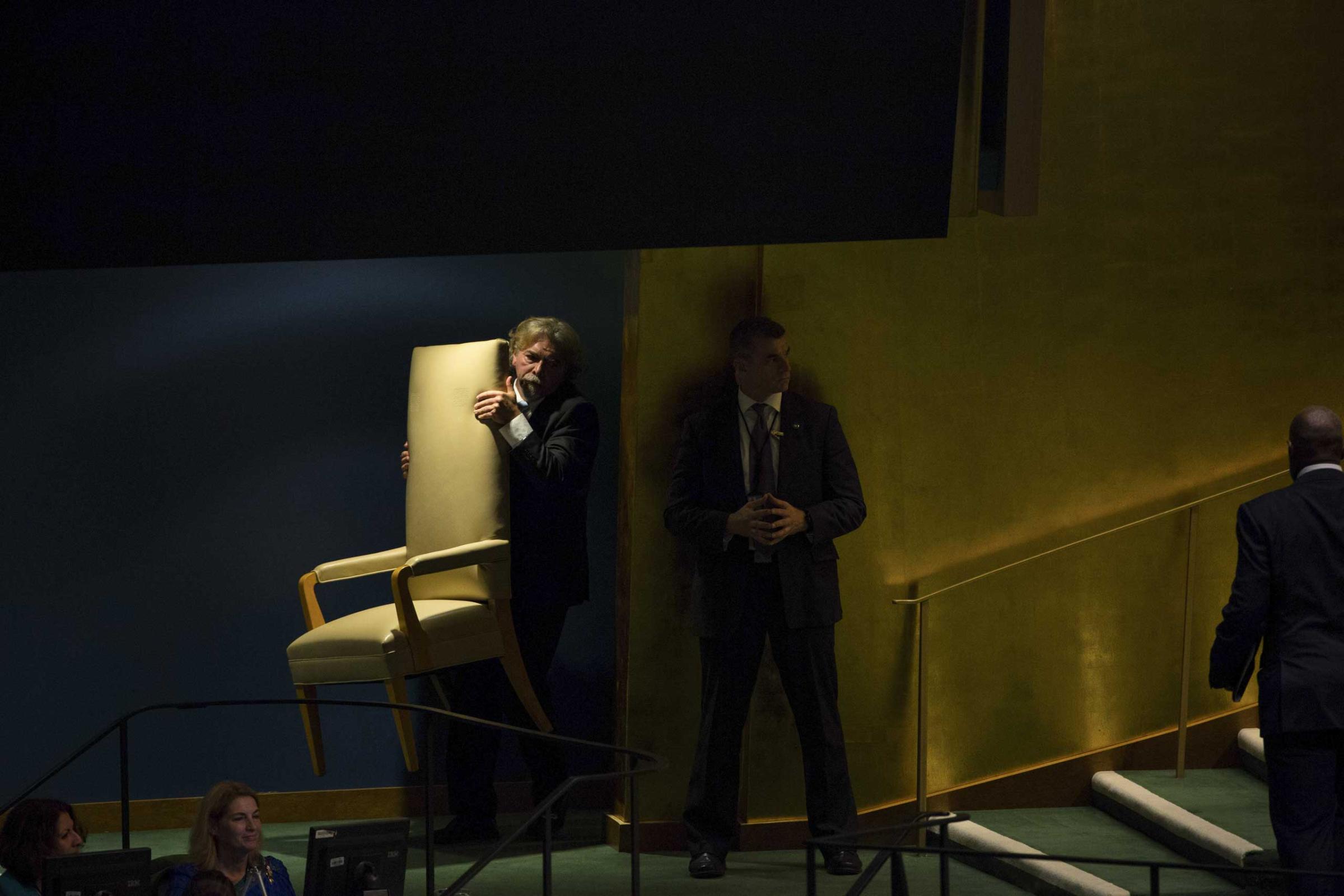 The chair that will be sat upon by scores of world leaders was brought to the stage before the start of the General Assembly at the United Nations' headquarters.