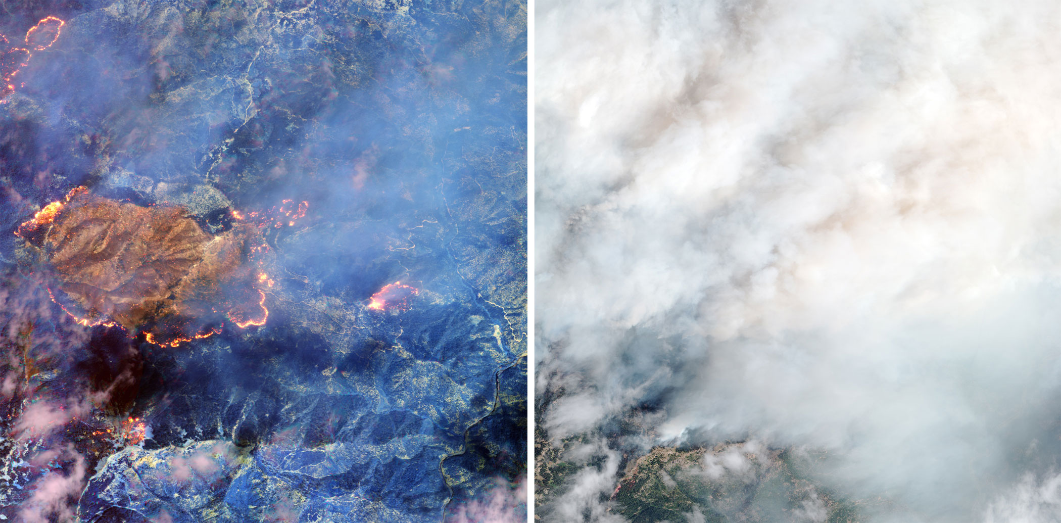 A forest fire at the Happy Camp complex in California’s Klamath National Forest imaged with (left) and without (right) SWIR, in Aug. 2014. (Courtesy of DigitalGlobe)