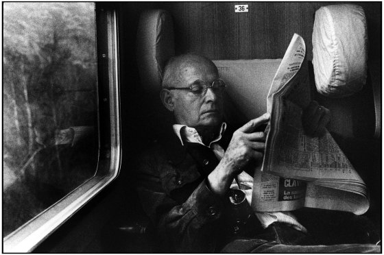 Henri Cartier-Bresson on a train ride to Montreaux in Switzerland, 1976.