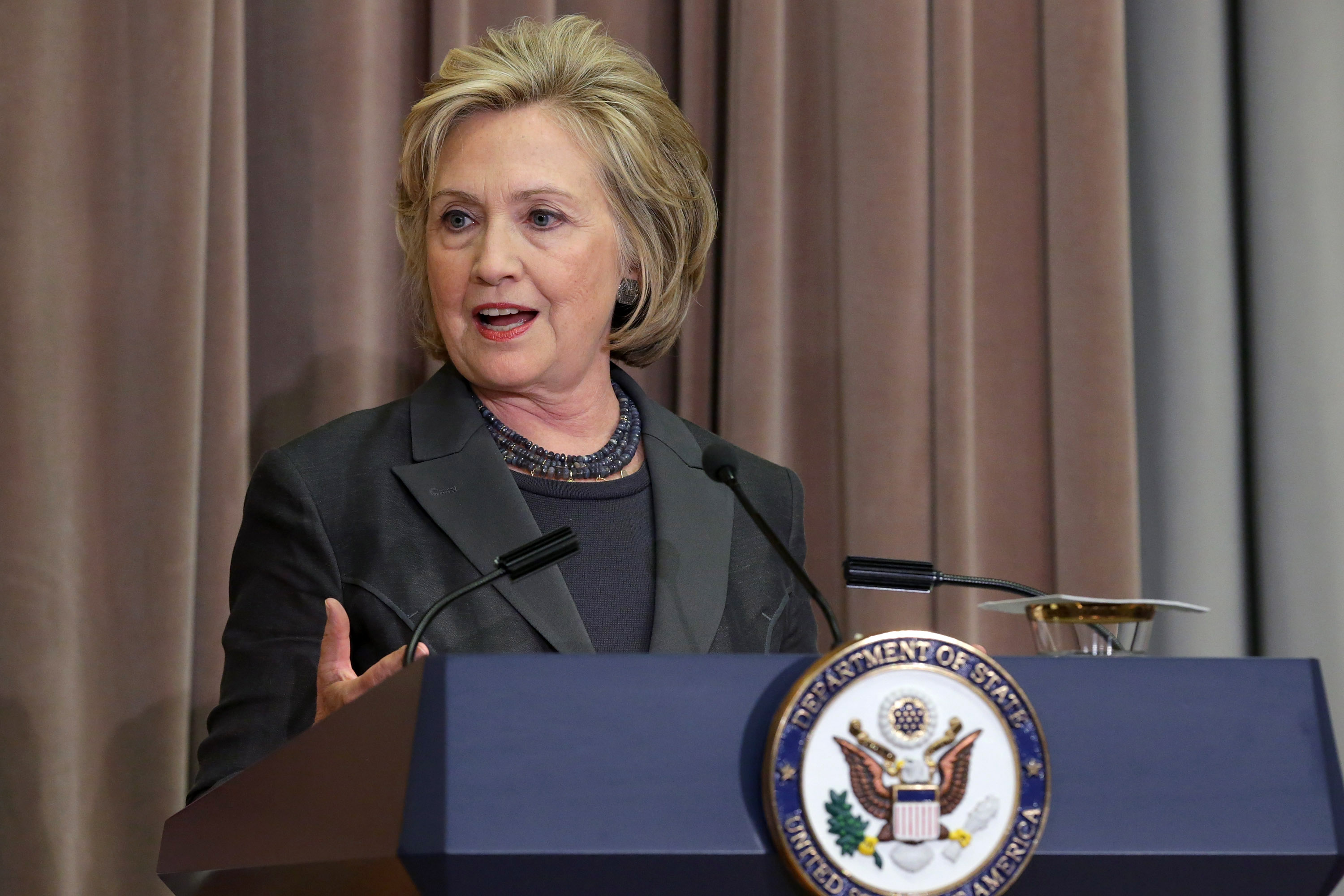 Former Secretary of State Hillary Clinton delivers remarks during the ceremonial groundbreaking of the future U.S. Diplomacy Center at the State Department's Harry S. Truman Building September 3, 2014 in Washington, DC. (Chip Somodevilla&mdash;Getty Images)