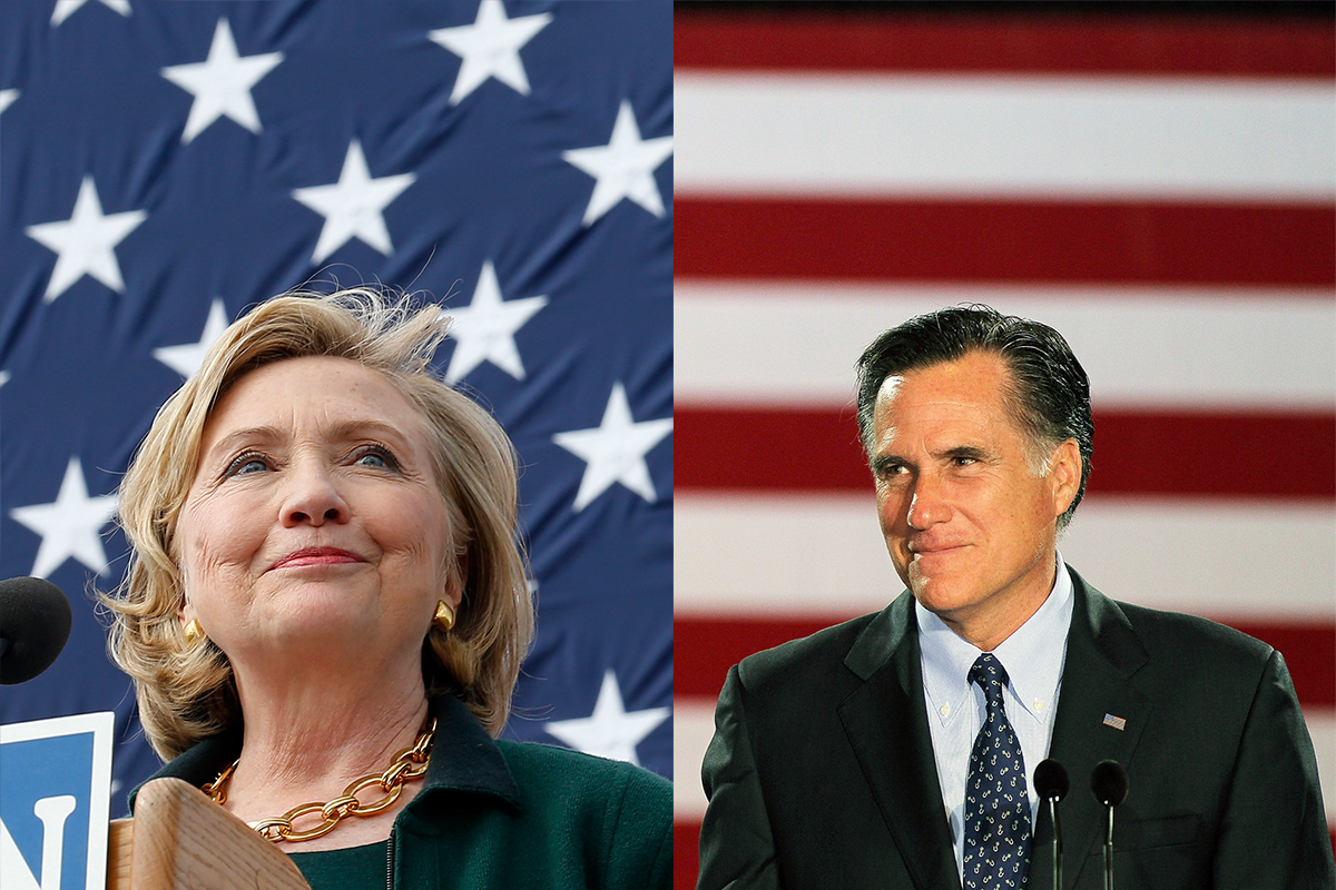 Hillary Clinton gives a speech at the 37th Harkin Steak Fry in Indianola, Iowa on Sept. 14, 2014. ; Mitt Romney speaks to supporters at an election-night rally on April 3, 2012 in Milwaukee, Wisconsin. (Jim Young—Reuters/Corbis; Scott Olson—Getty Images)