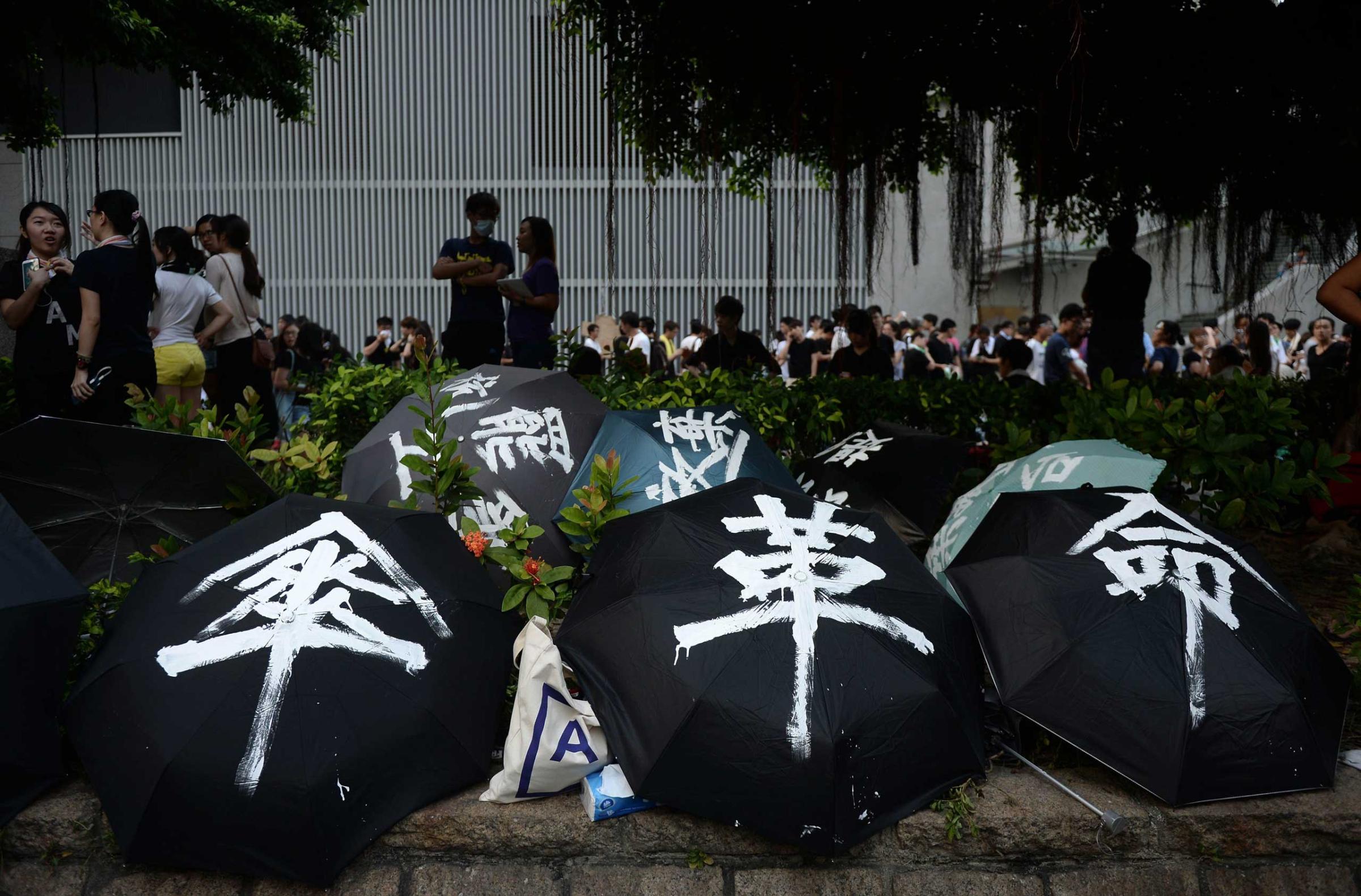 Umbrellas used to shield demonstrators from pepper spray and the sun are displayed during a pro-democracy protest near the Hong Kong government headquarters on Sept. 29, 2014.