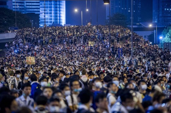 Pro-democracy protesters demonstrate in Hong Kong on Sept. 28, 2014.