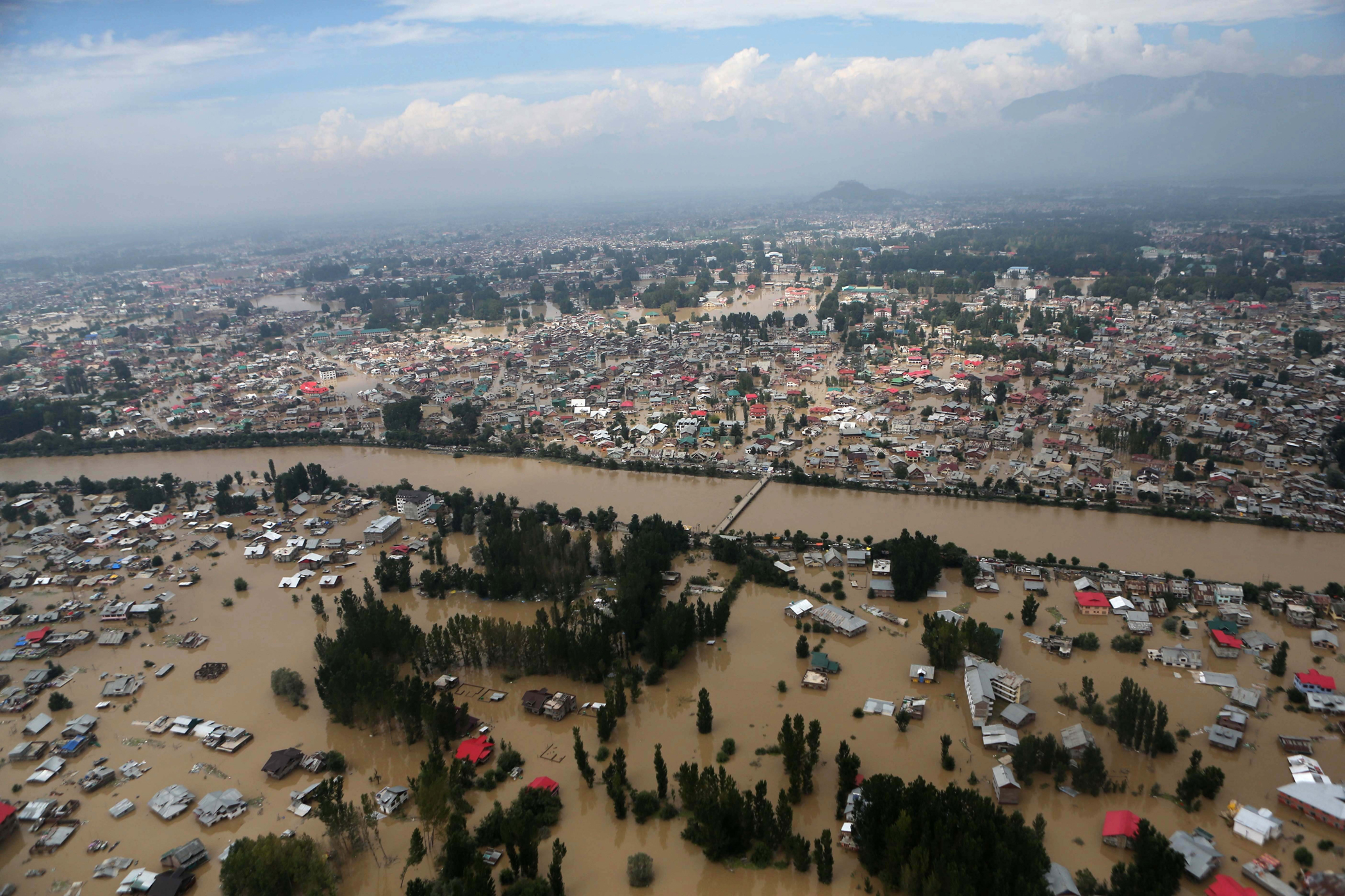 An aerial view shows buildings submerged in floodwaters in Srinagar, in Indian Kashmir, Sept. 9, 2014.