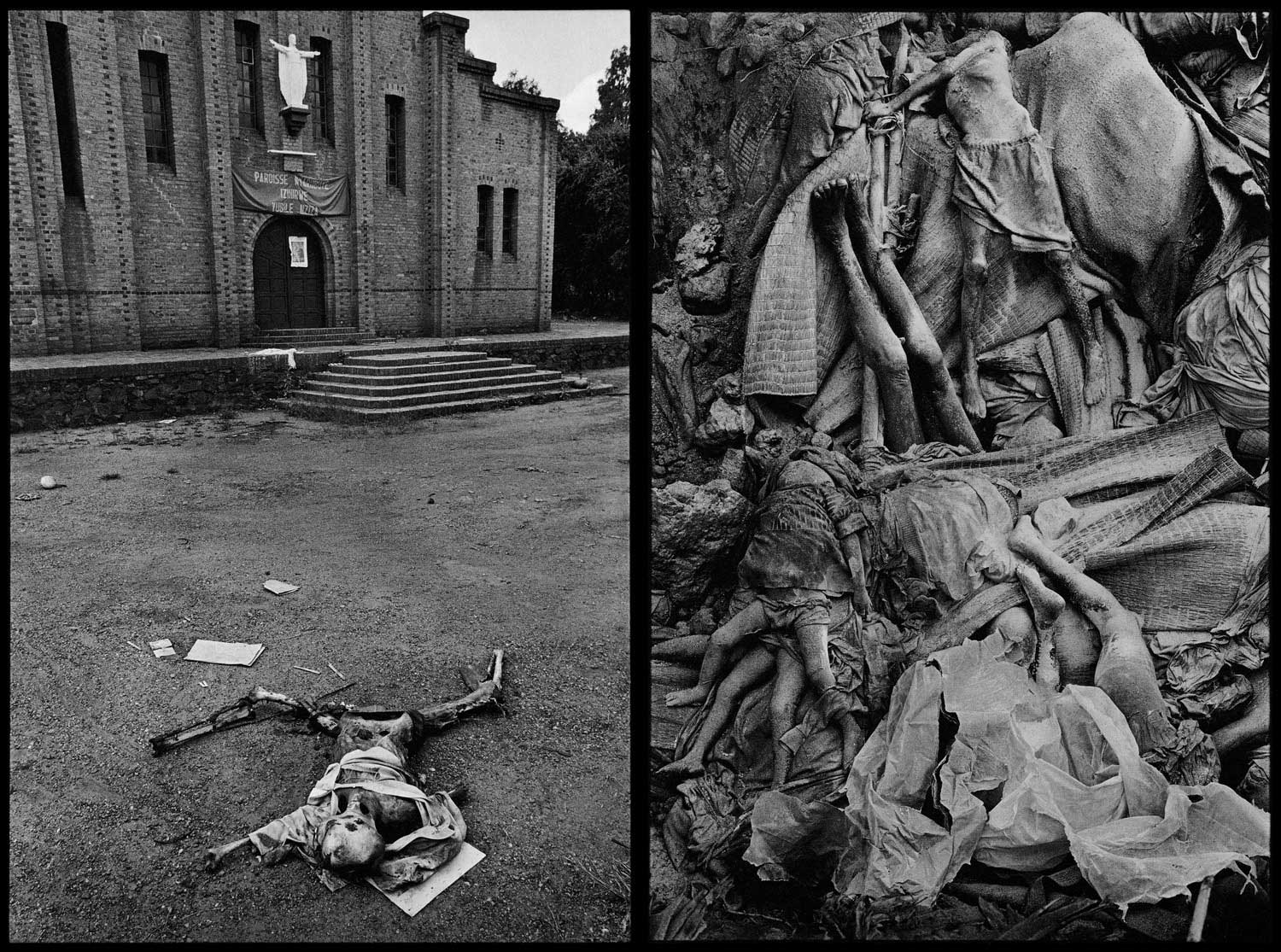 The massacre at Nyarabuye took place in the grounds of a Catholic Church and school. Hundreds of Tutsis, including many children, were slaughtered at close range in Rwanda, 1994 (left). Thousands were buried anonymously in mass, communal graves in Zaire, 1994 (right).