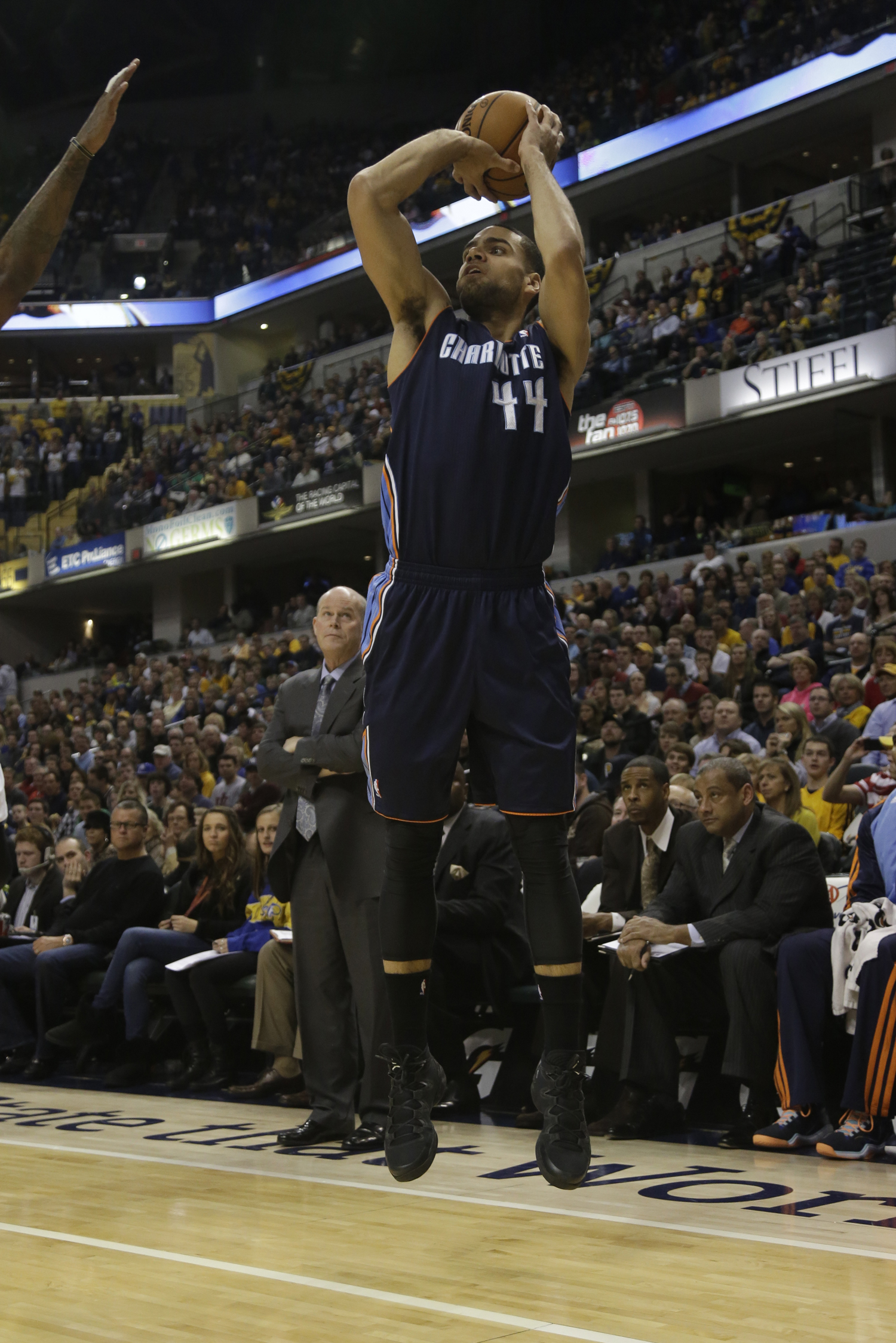 Charlotte Bobcats guard Jeff Taylor (44) shoots during the first half of an NBA basketball game between the Indiana Pacers and the Charlotte Bobcats (now the Hornets) in Indianapolis on Dec. 13, 2013. (Aj Mast — AP)