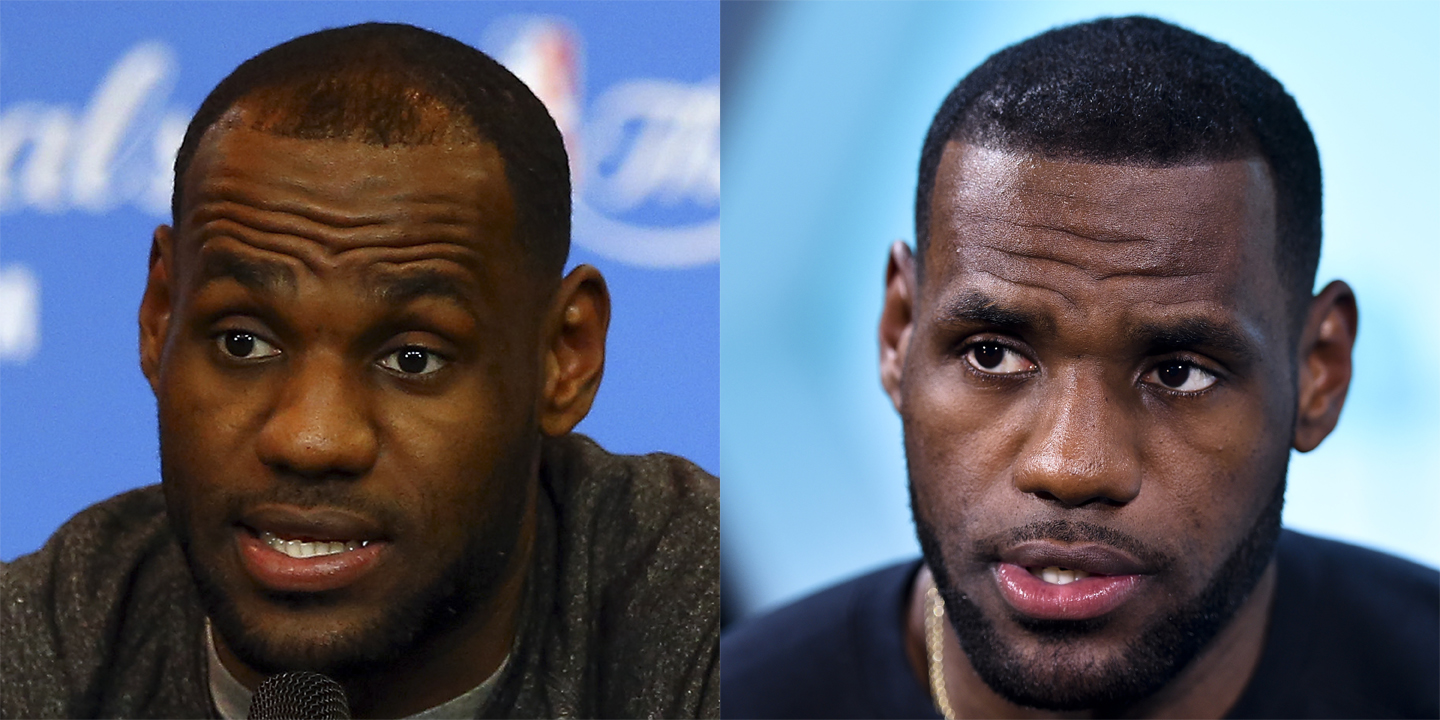 Lebron James on June 14, 2014 (left) and Sept. 16, 2014 (right).