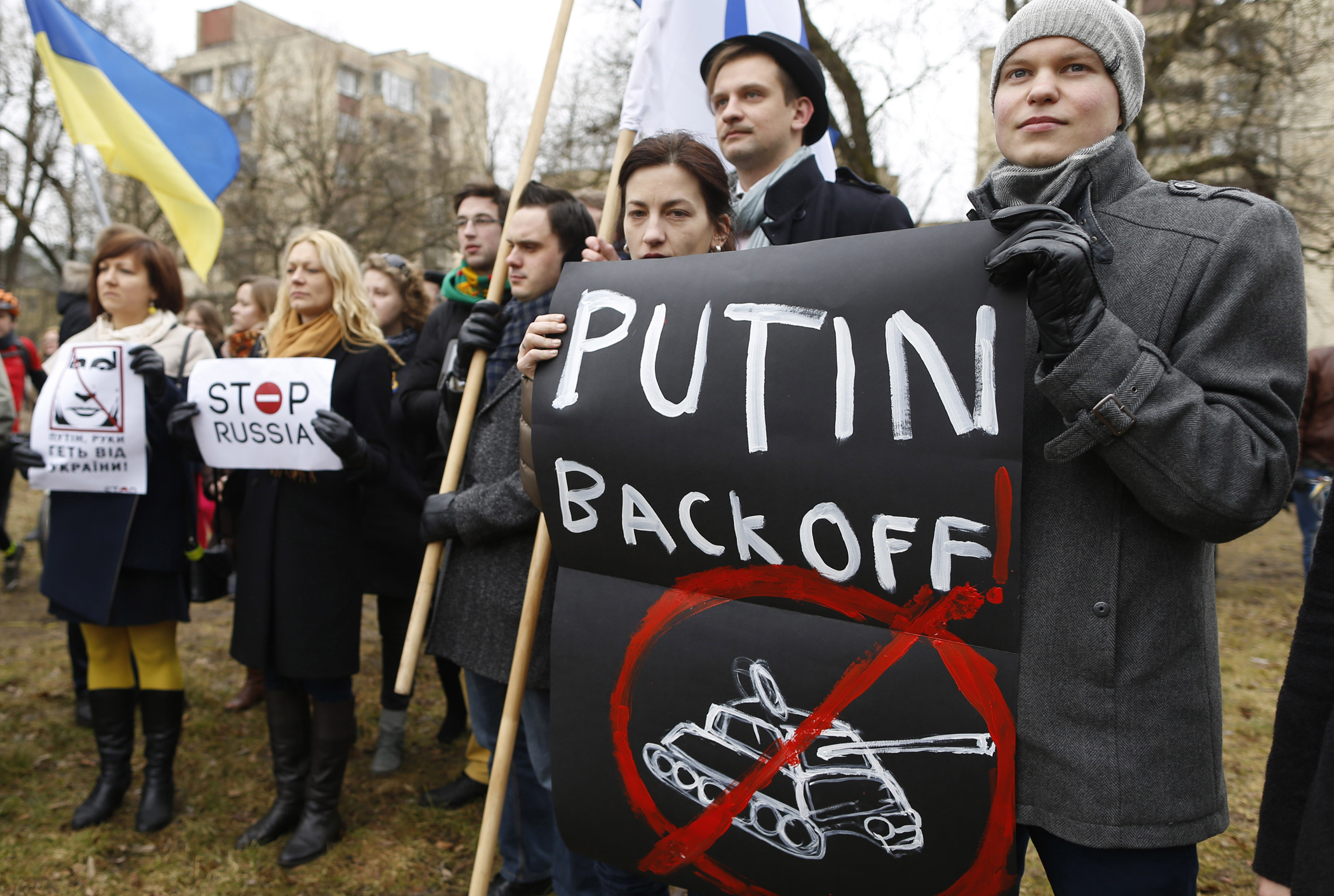 Demonstrators gather outside the Russian Embassy in Vilnius, Lithuania, to protest against Russian intervention in Ukraine, in March 2014. (Mindaugas Kulbis—AP)