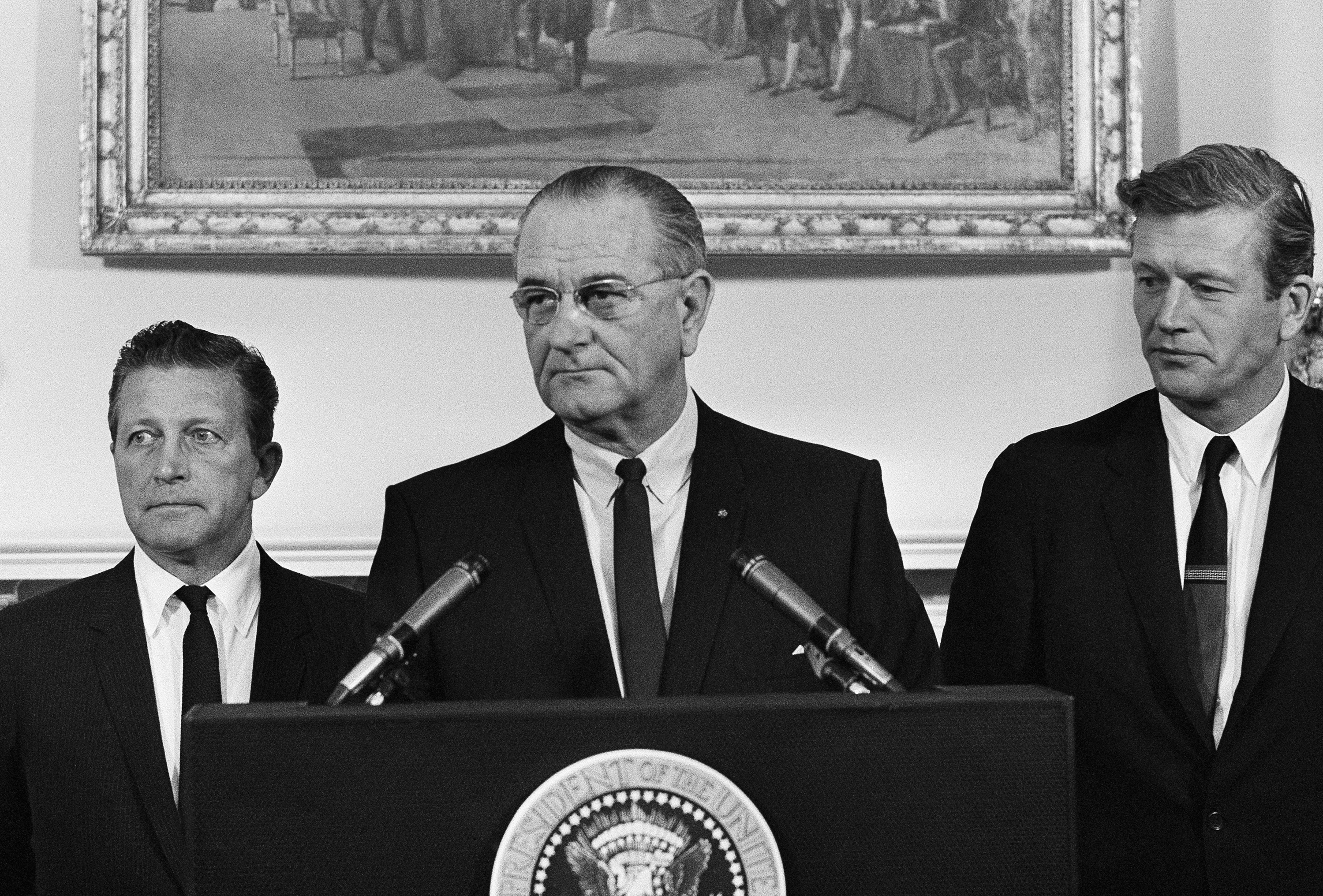 President Lyndon Johnson speaks to members of his advisory commission on civil disorders at the group's first meeting on July 29, 1967 at the White House in Washington. (WX/AP)