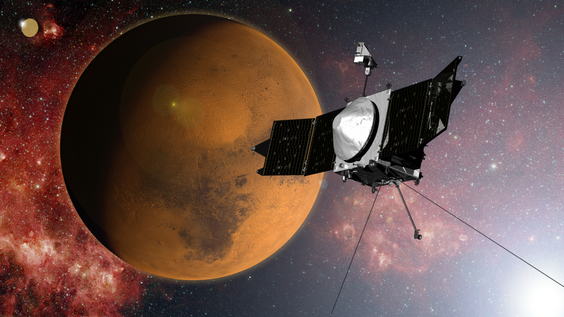 In this artist concept provided by NASA, the MAVEN spacecraft approaches Mars on a mission to study its upper atmosphere (AP)